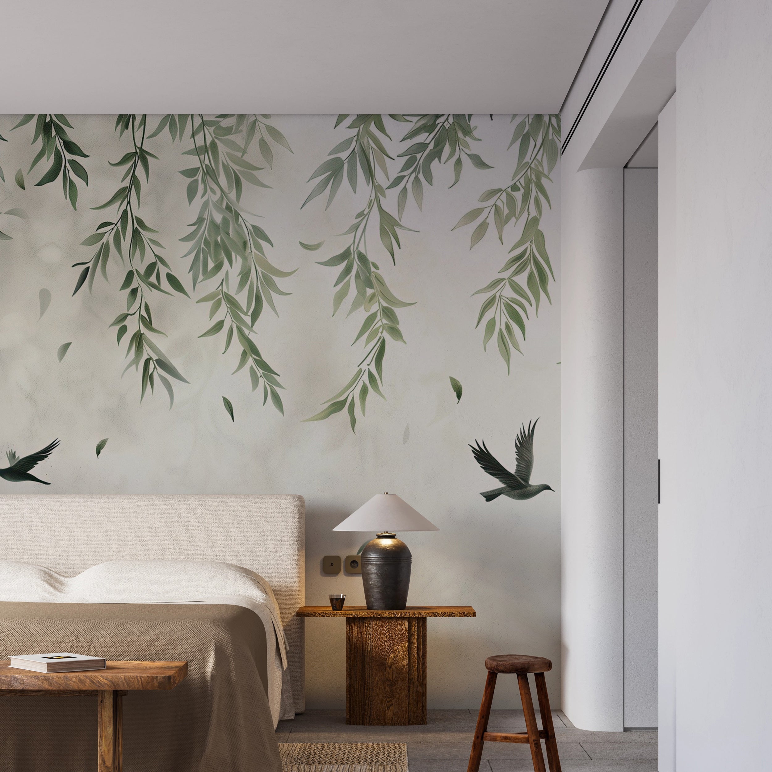 Elegant grey hanging leaves wall mural Easy-to-apply peel and stick botanical mural