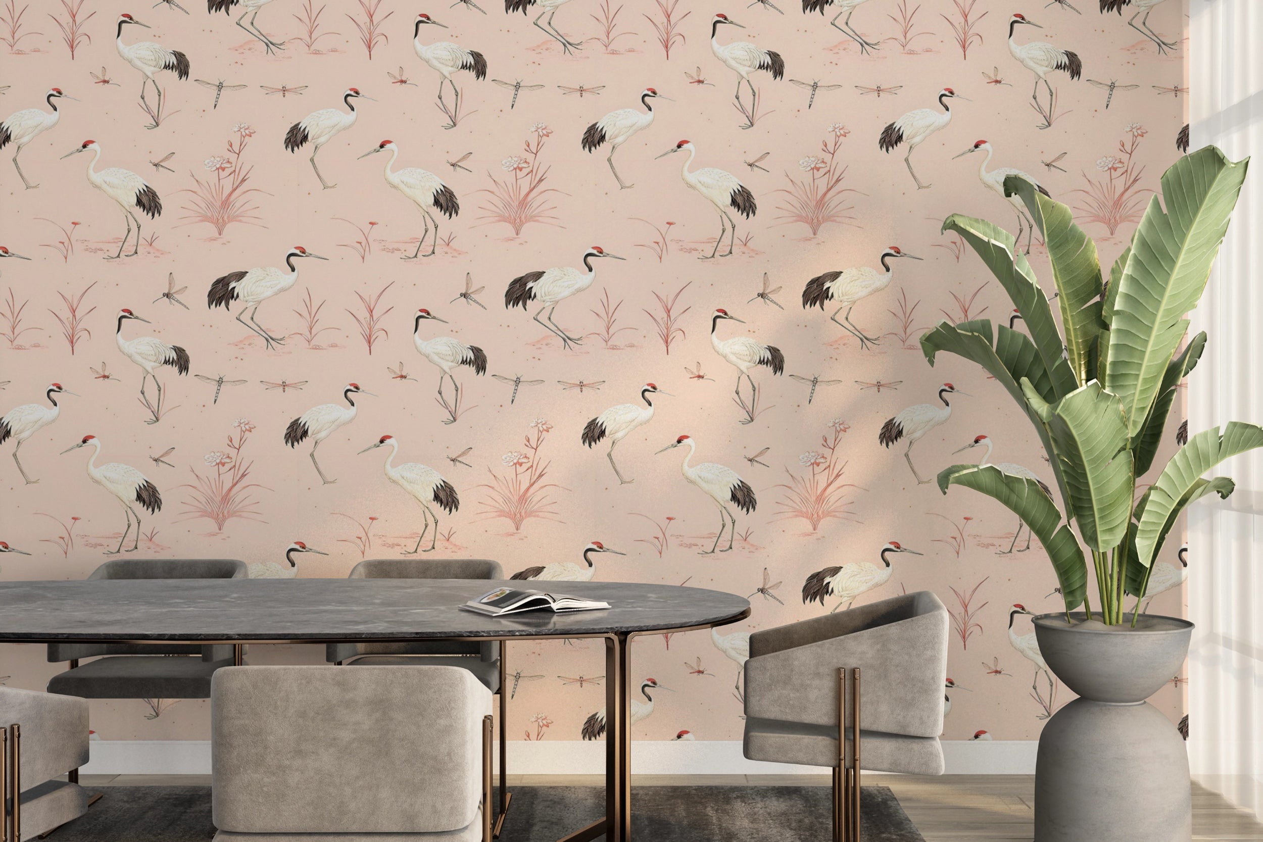 Serene vintage wallpaper with crane birds design