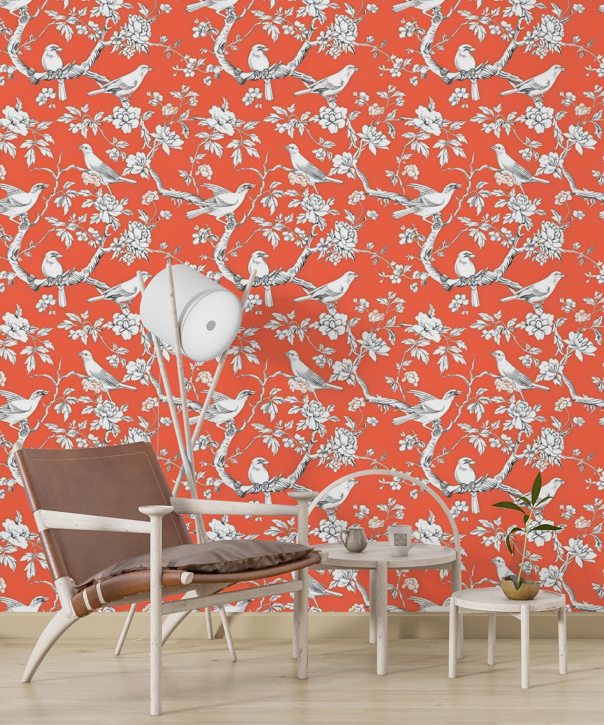 Removable white flowers on red background wallpaper