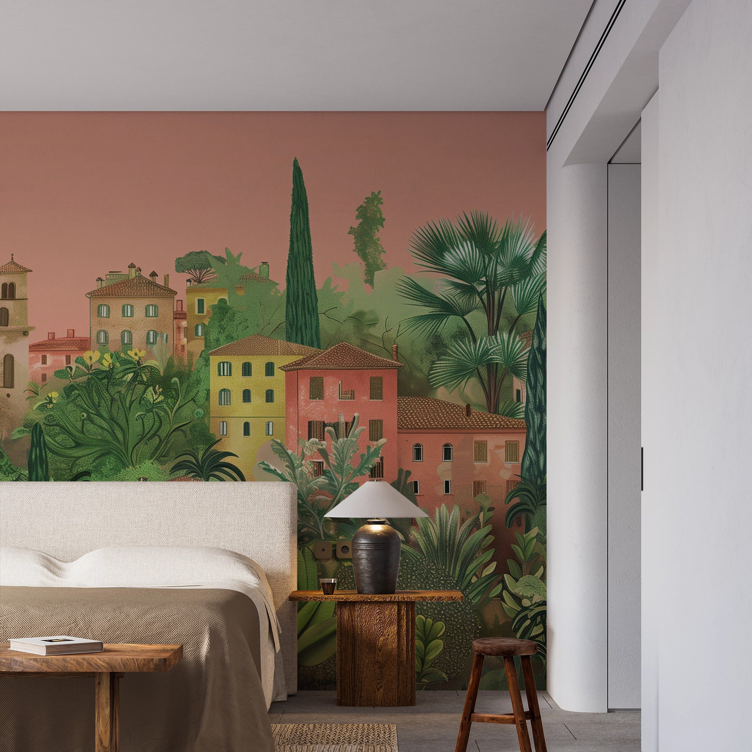 Colorful Italian City Mural, Old Town and Lush Garden Wallpaper, Peach and Green Peel and Stick Removable Accent Wall Mural