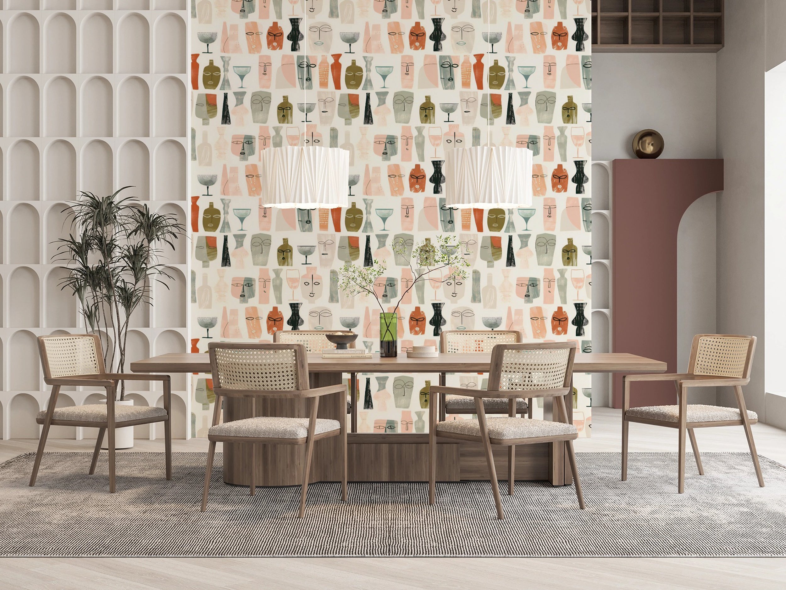 Easy-to-apply modern pastel wallpaper Contemporary vases and faces wall art