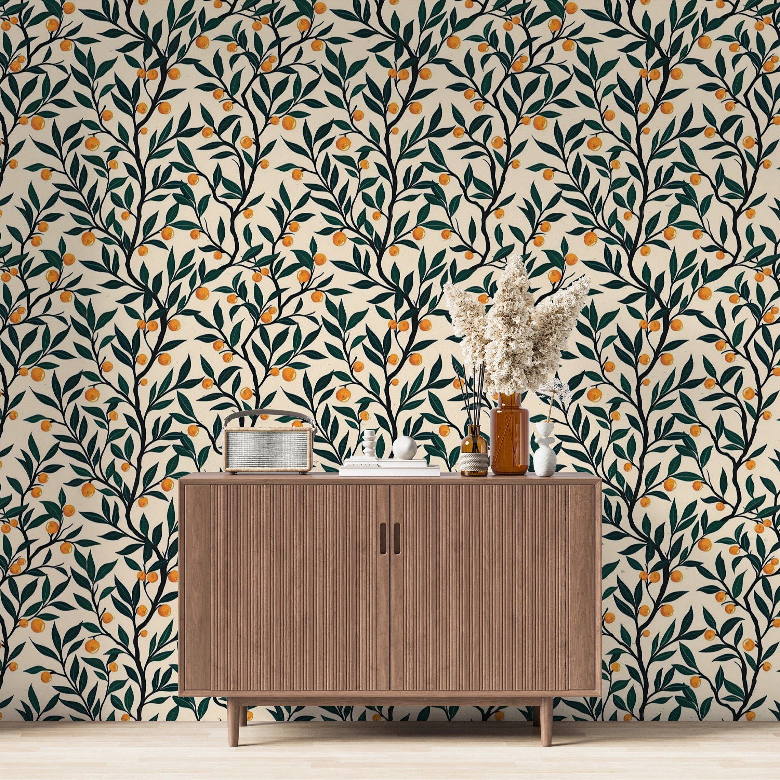 Botanical wallpaper with oranges and leaves pattern Removable oranges and leaves wallpaper for dining room