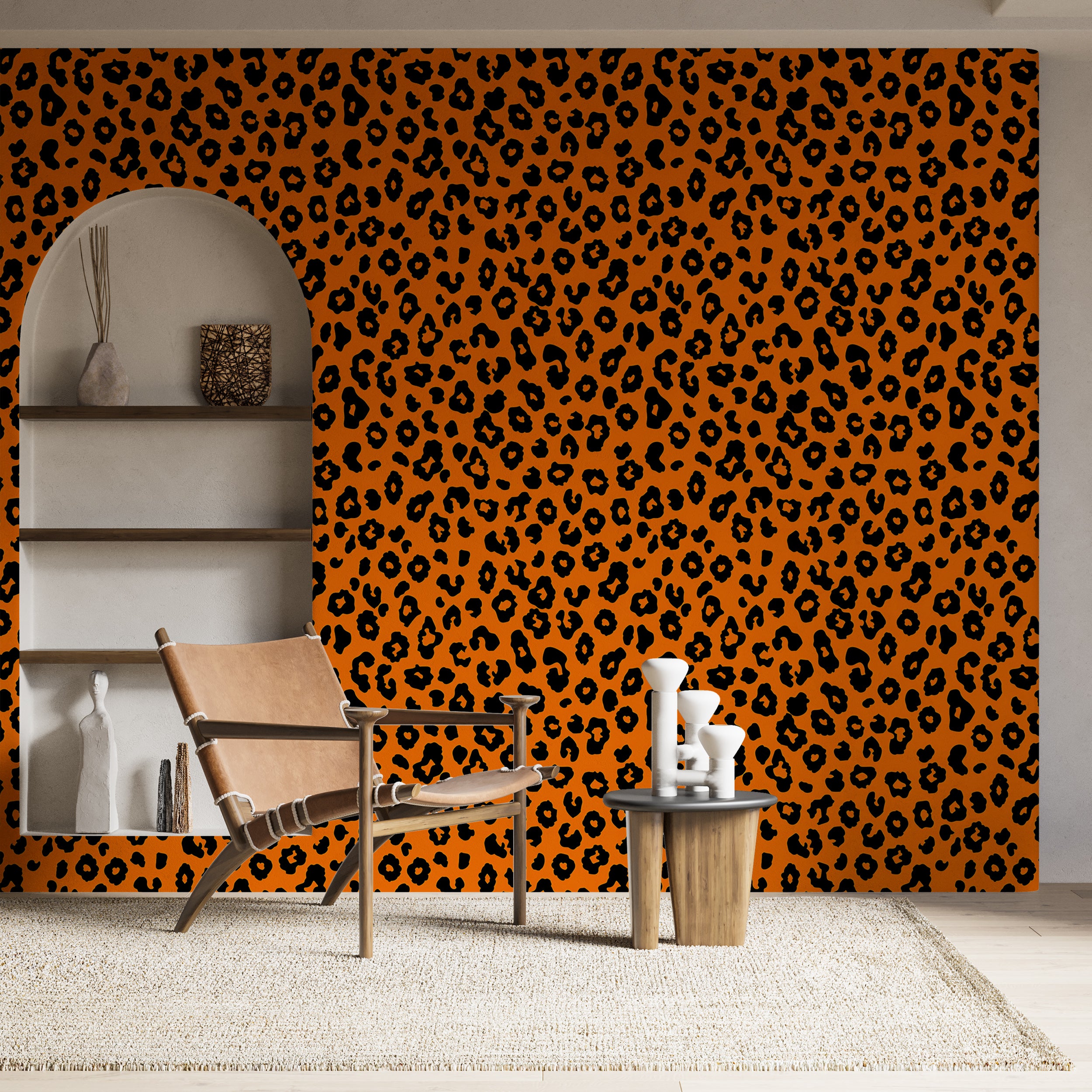 Vibrant safari cat skin wall decor Easy-to-apply bright orange wallpaper