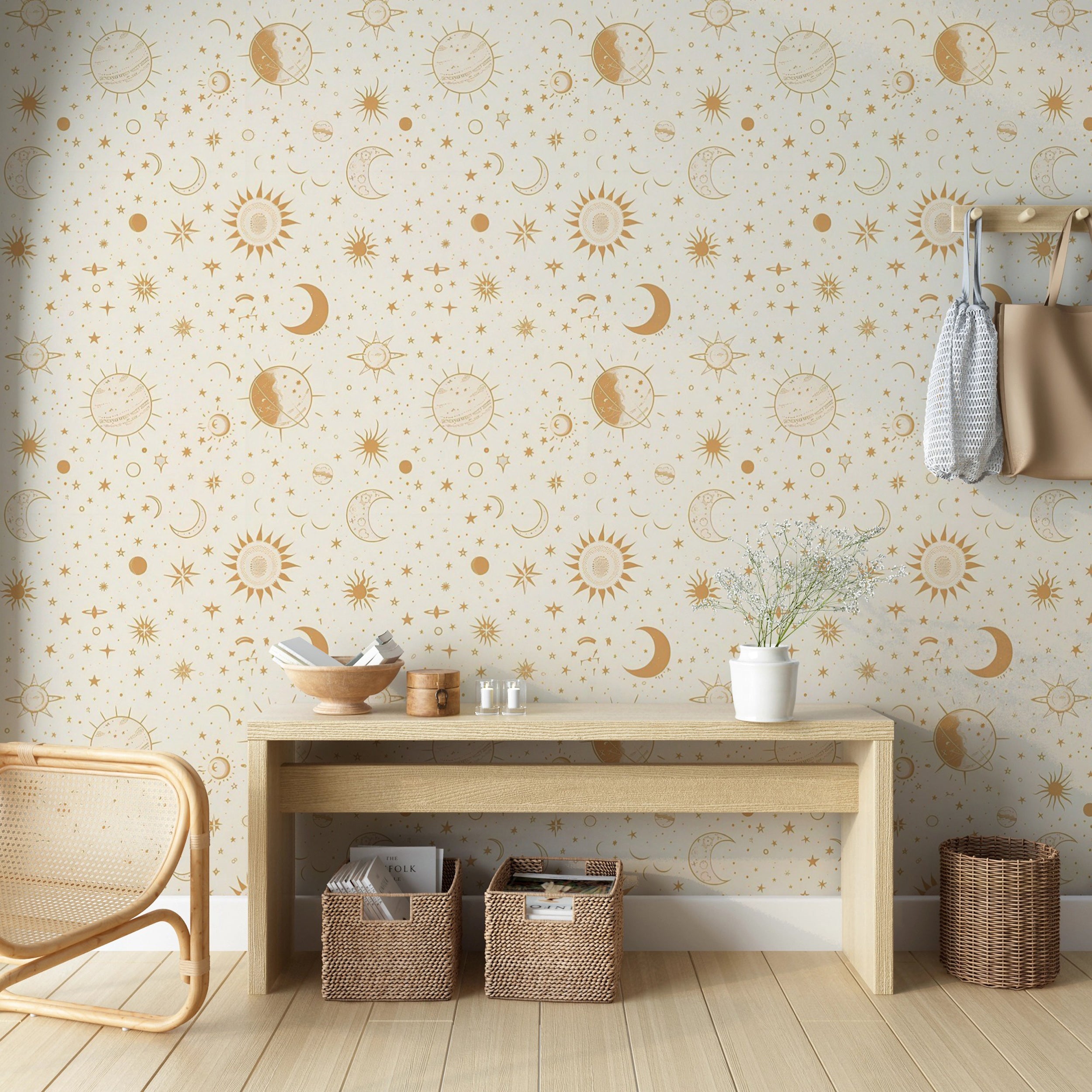 Beige celestial wallpaper with planets and stars Peel and stick nursery space elements wallpaper