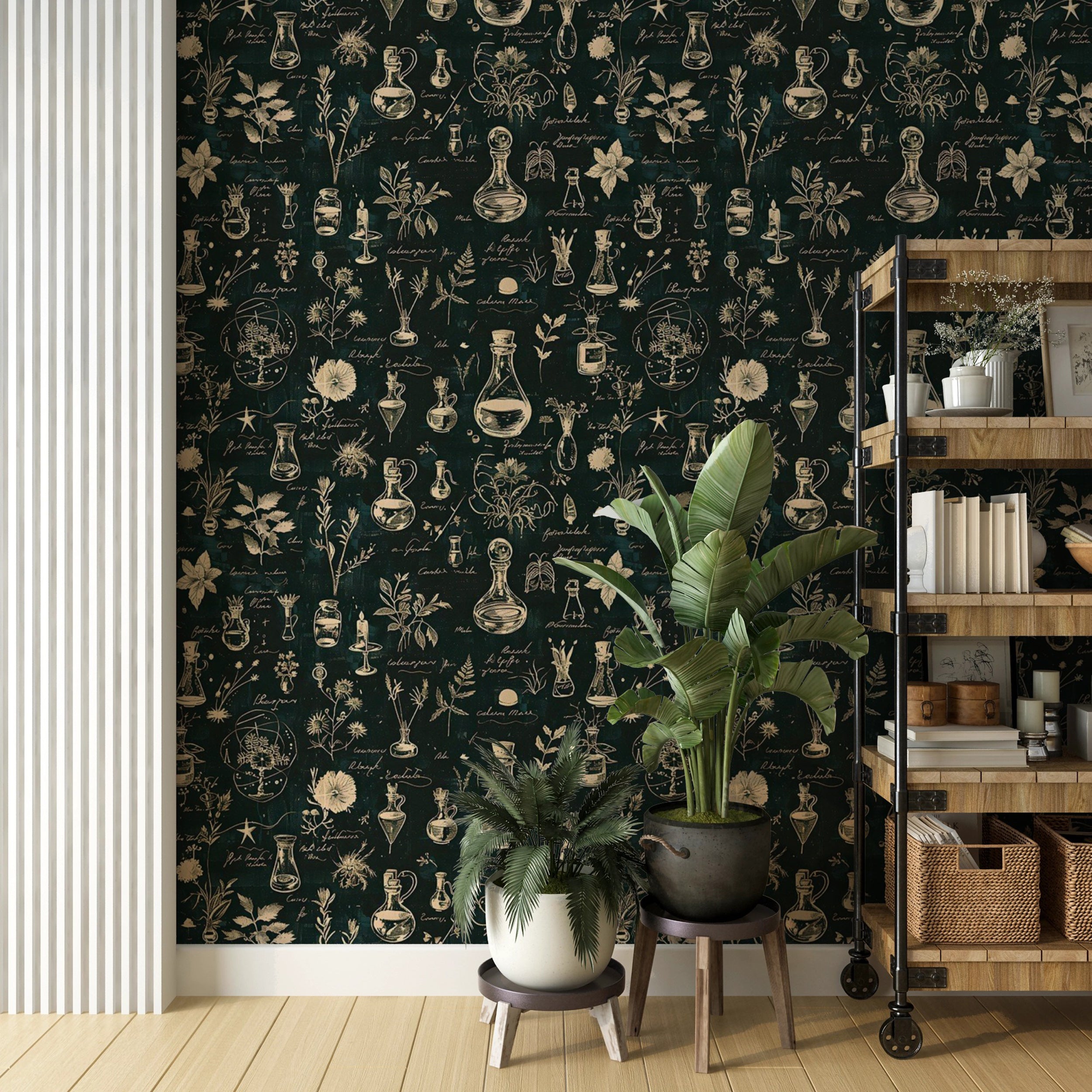 Stylish dark green peel and stick alchemy wallpaper