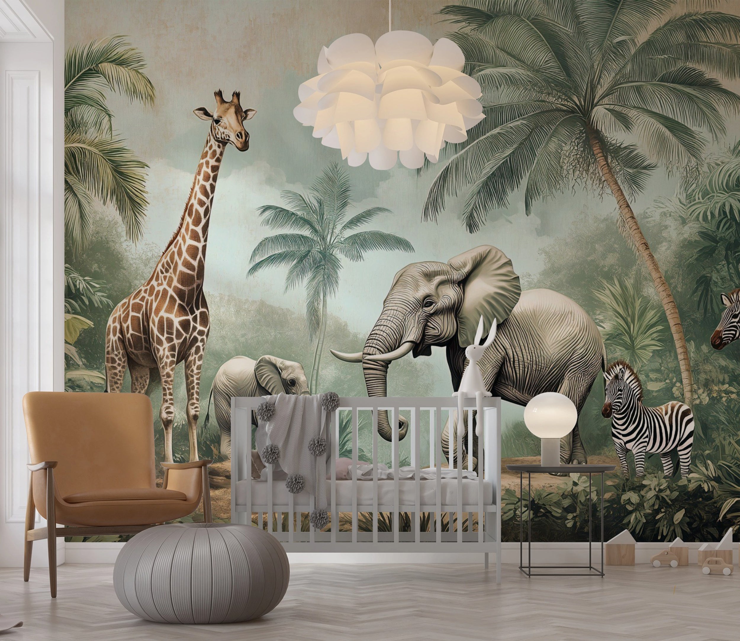 Jungle-themed nursery wall decor with animals