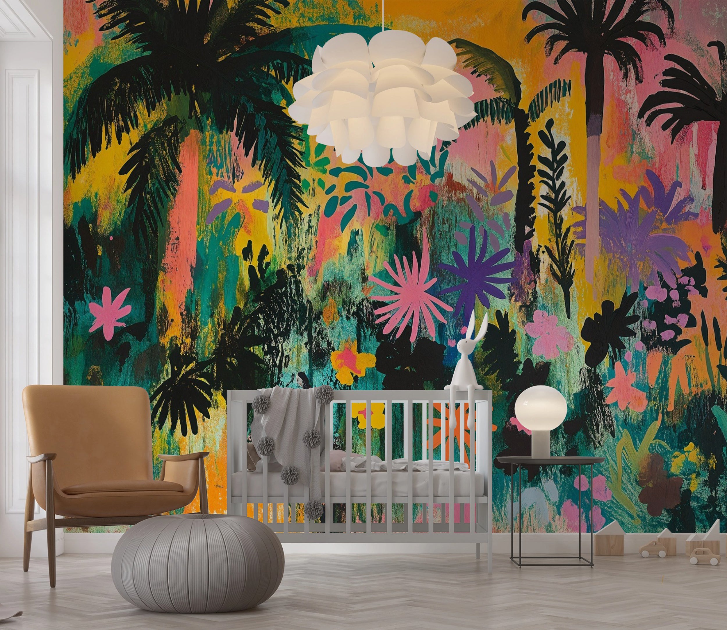 Colorful jungle-themed wallpaper for living rooms