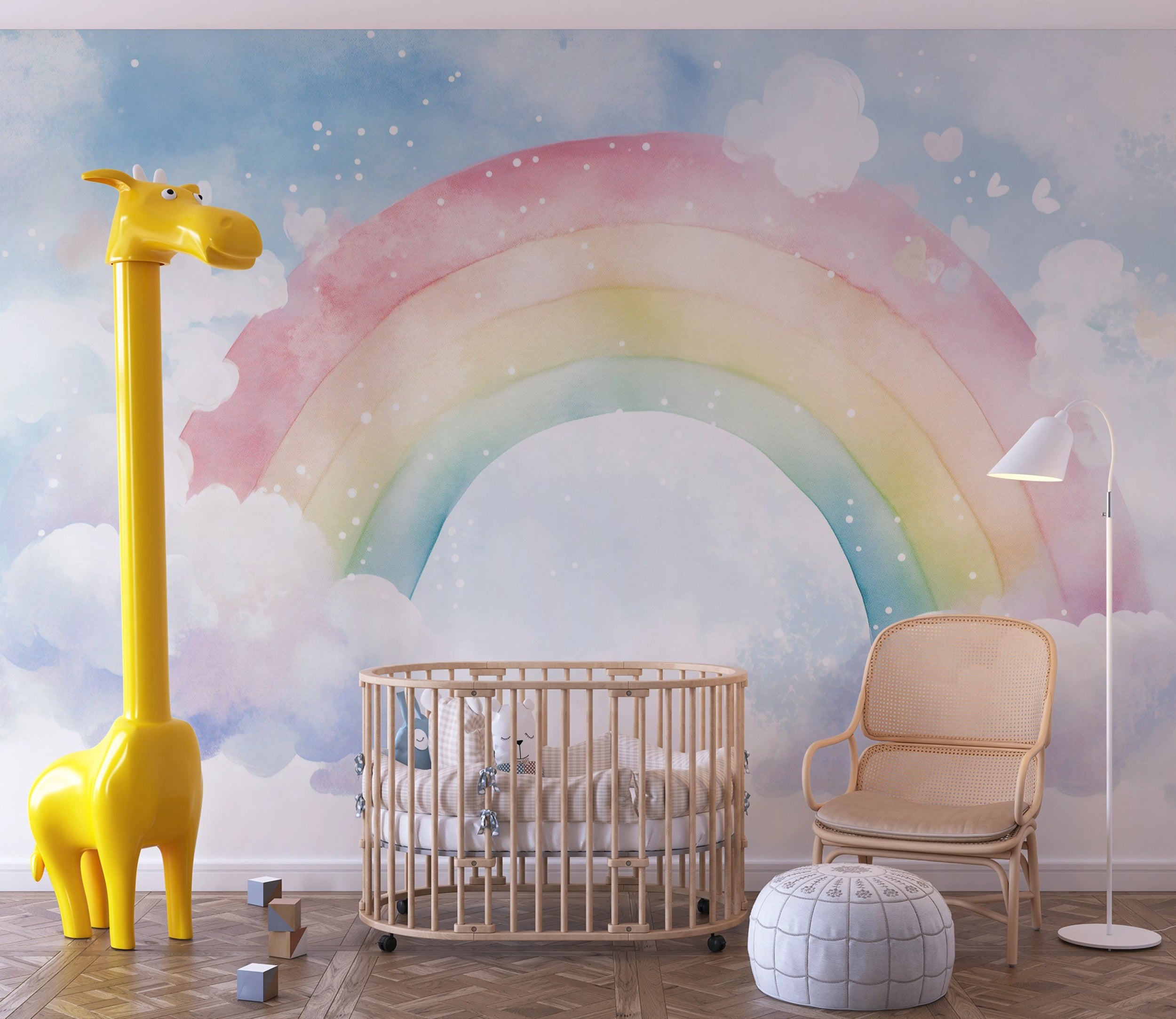 Soft Muted Rainbow and Clouds Nursery Wall Mural, Watercolor Kids Room Rainbow Wallpaper, Peel and Stick Dreamy Wall Decor