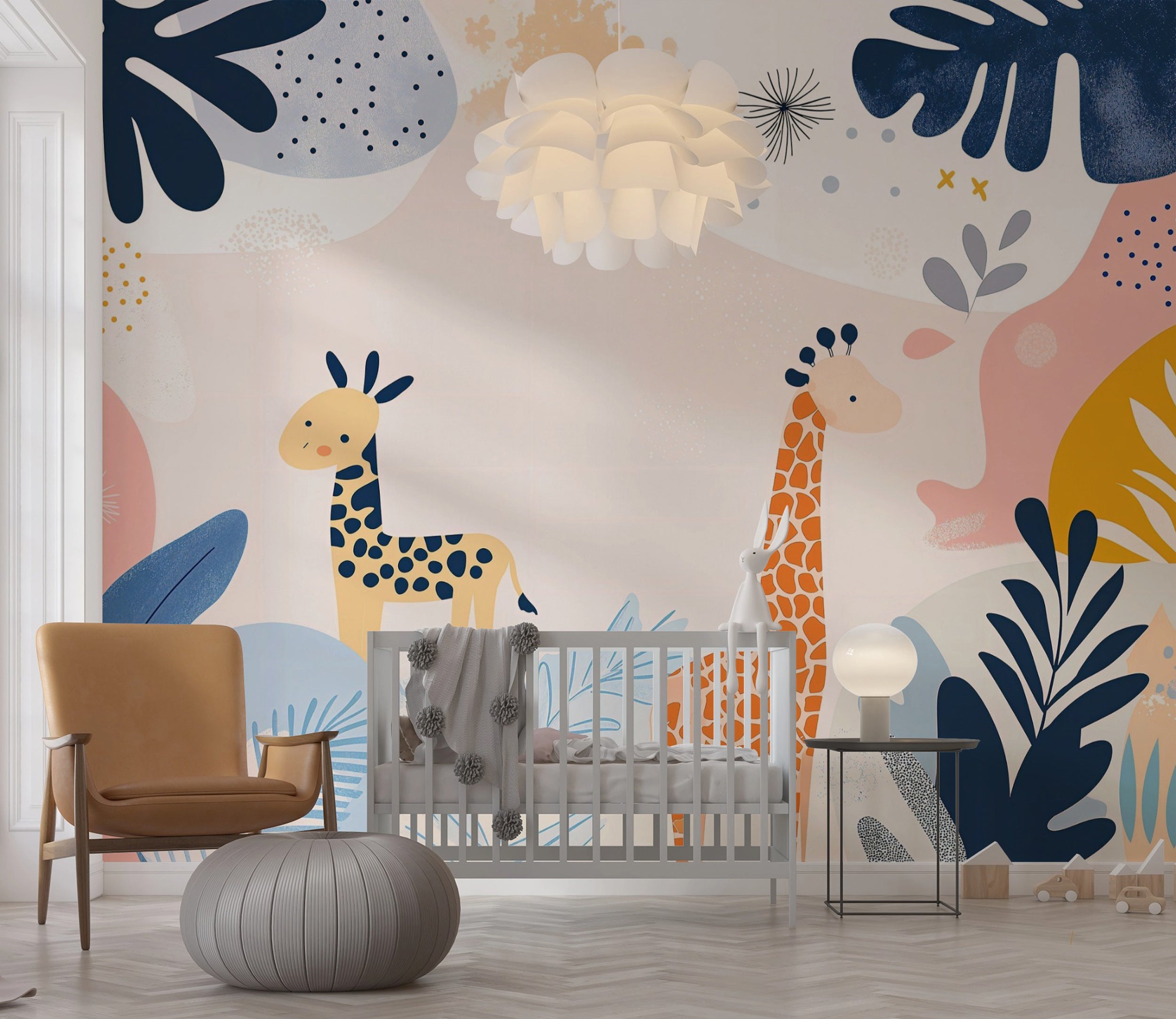 Nursery Giraffes in Pastel Colors Wall Mural, Abstract Kids Room Wallpaper, Peel and Stick Removable Leaves and Cute Animals Wall Art