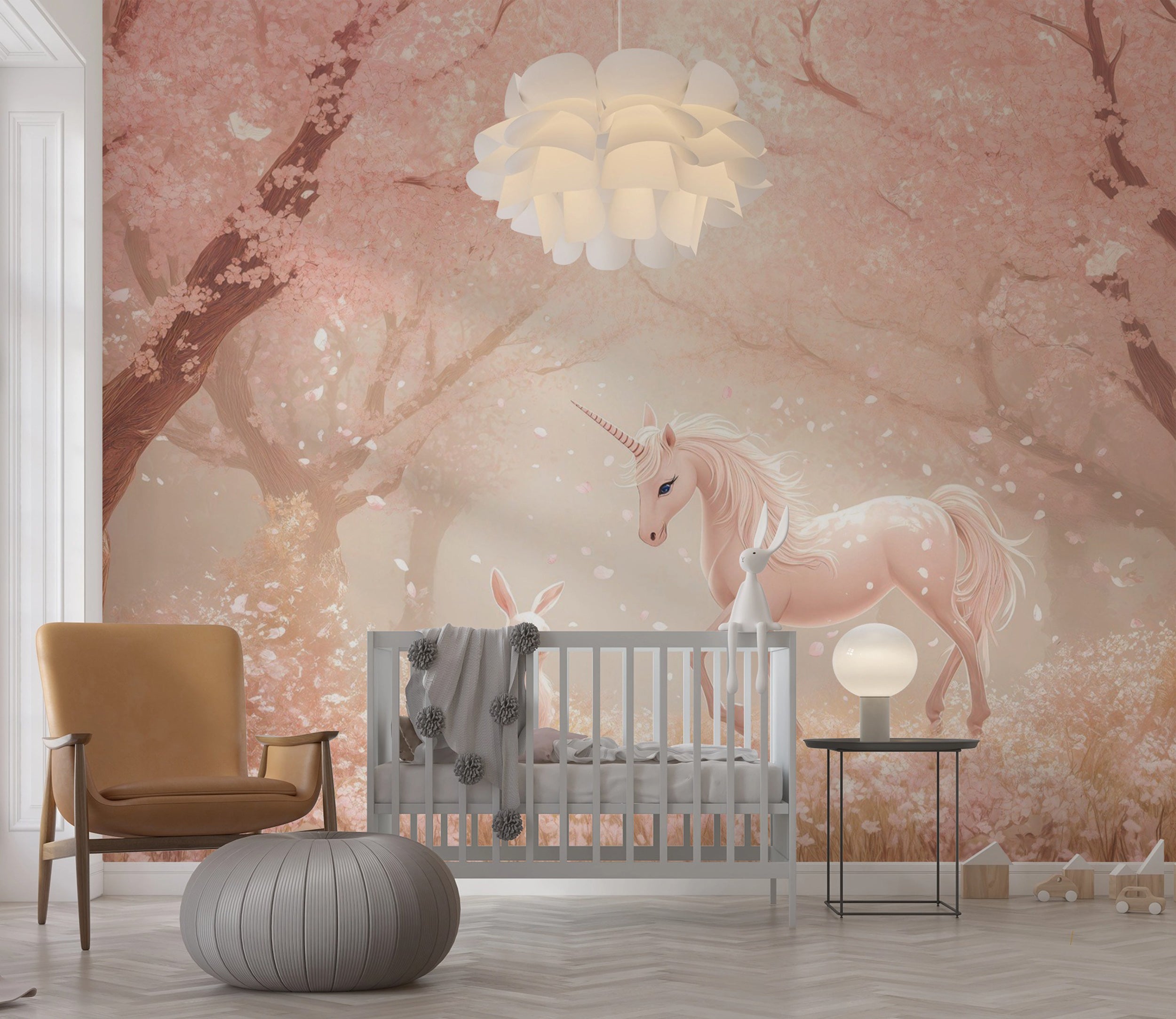 Unicorn and Rabbit in Fairytale Pink Forest Nursery Wall Mural, Cherry Blossom Trees and Fairy Animals Kidds Room Wallpaper