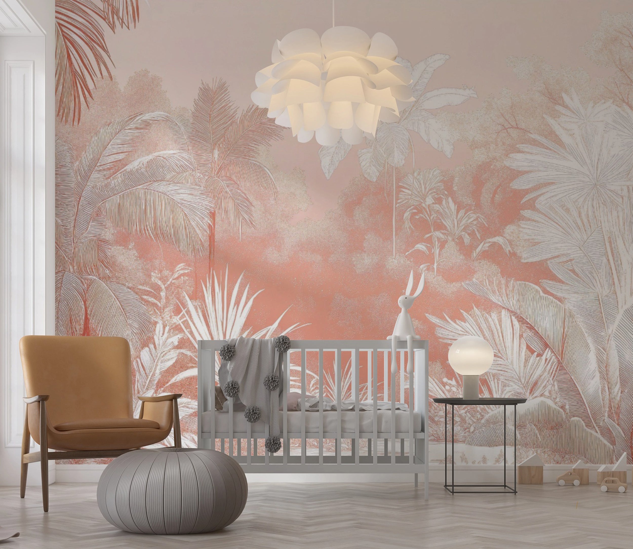 Pink and white tropical forest wall mural Abstract jungle plants and trees wallpaper