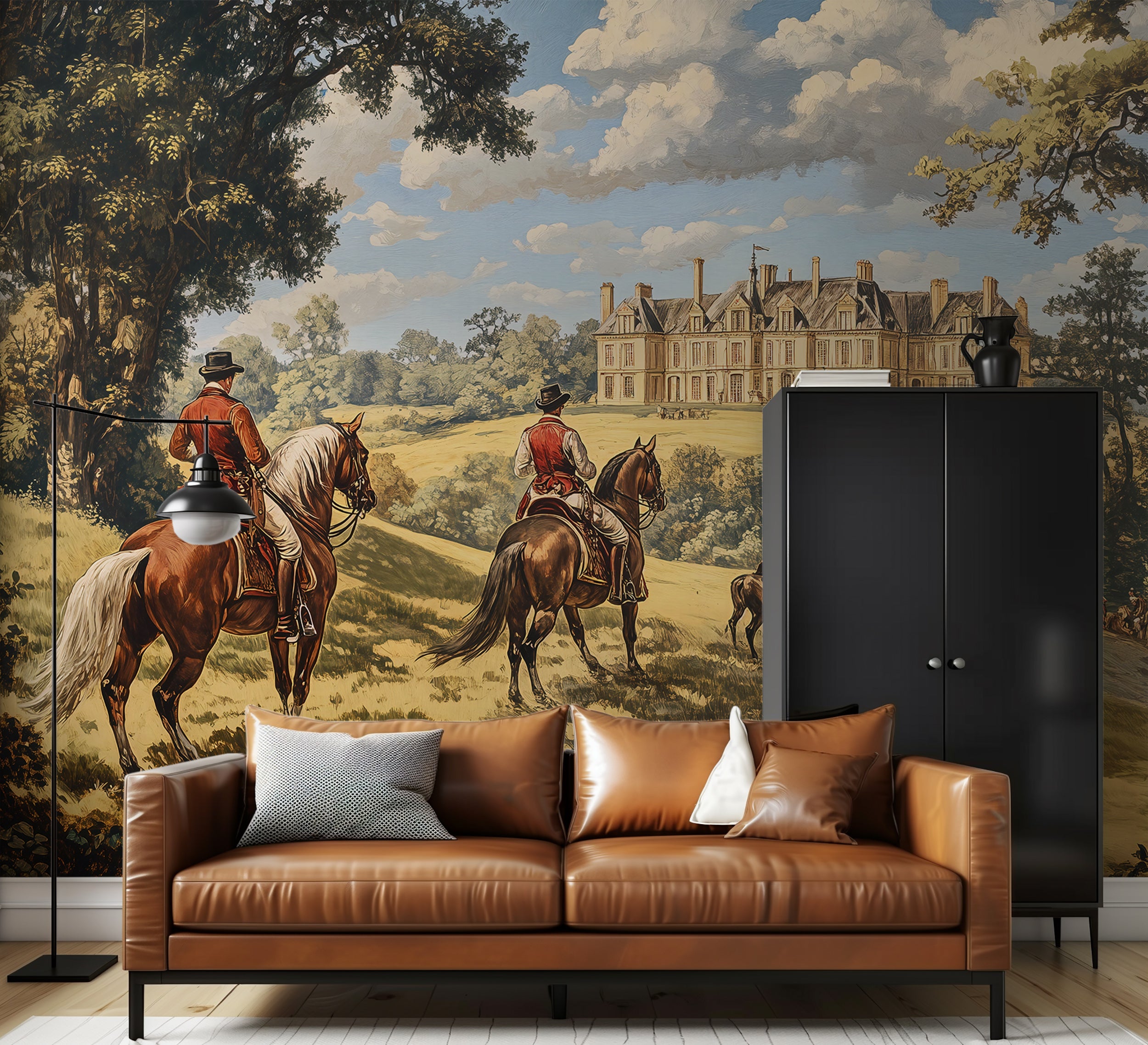 Classic vintage wallpaper with horses and castle Customizable vintage scenic wallpaper for home decor