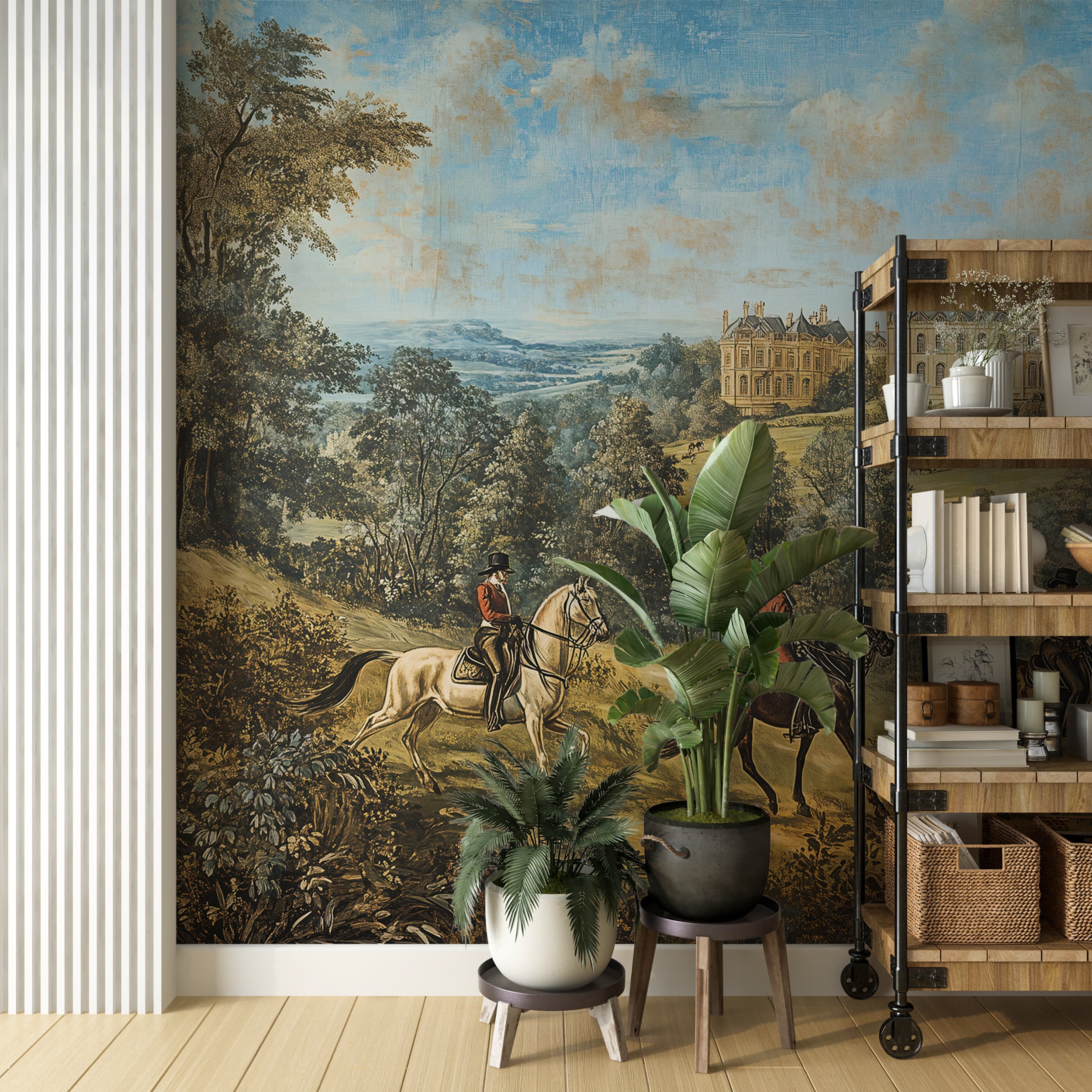 Elegant vintage castle and rural landscape wall art Traditional panoramic wallpaper featuring old castle