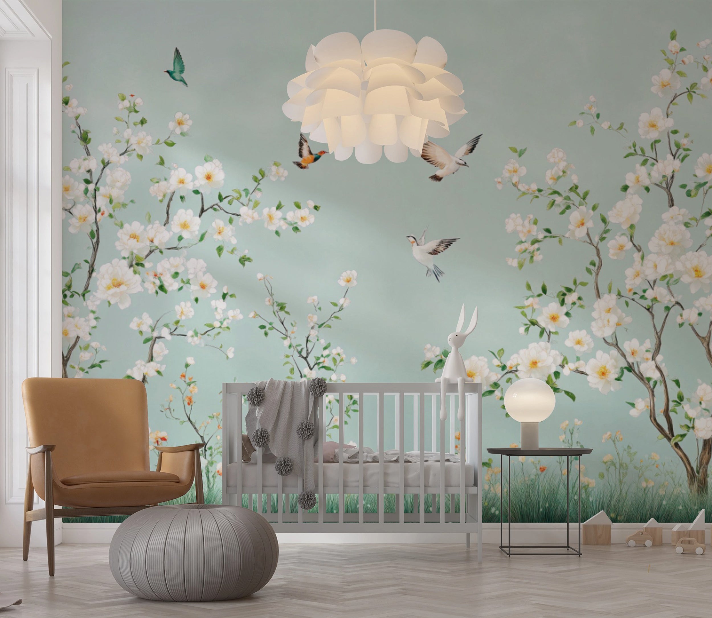 Classic soft blue wallpaper with nature scene for children