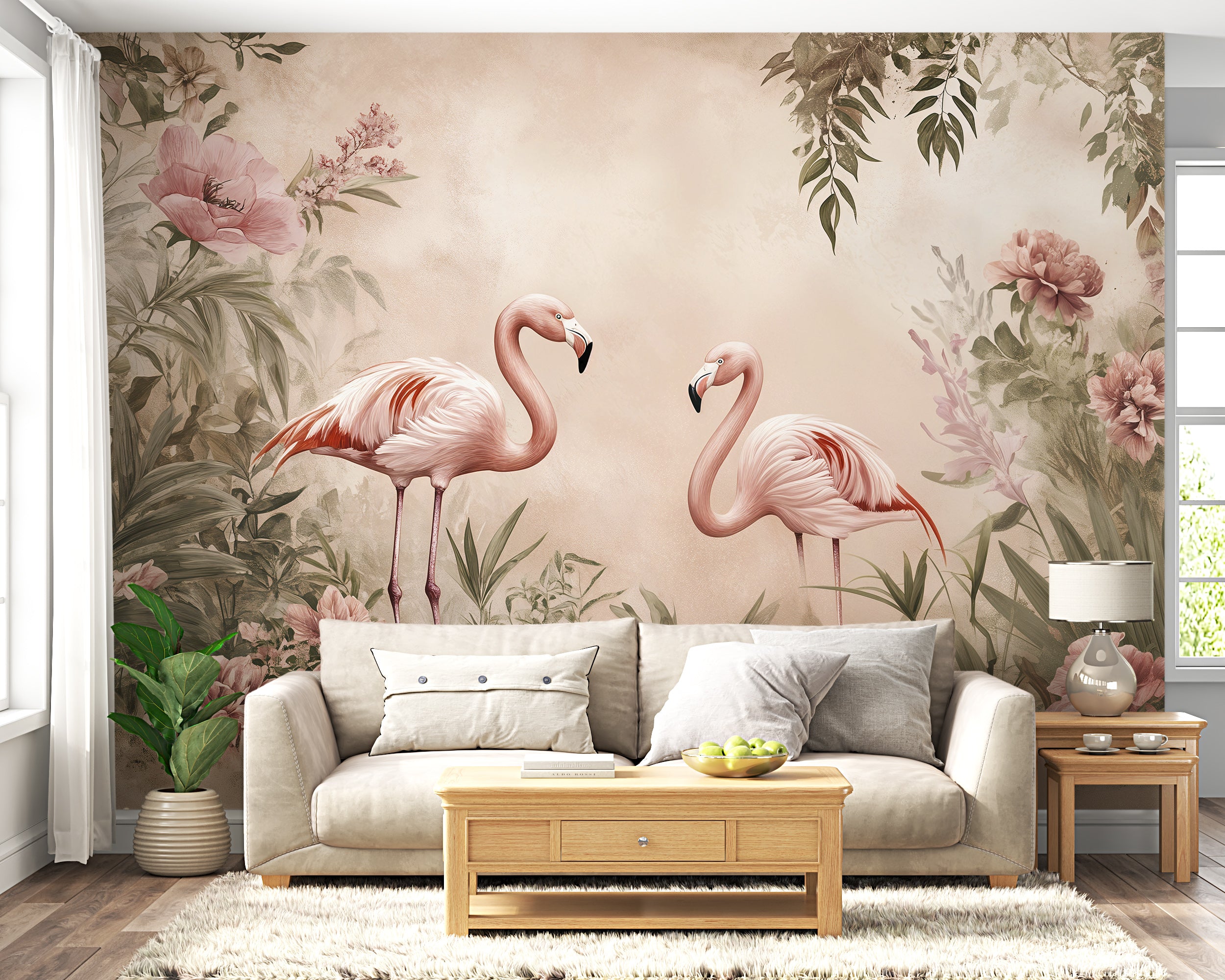 Soft pink flamingo peel and stick mural for living rooms Tropical flamingo wallpaper with botanical elements