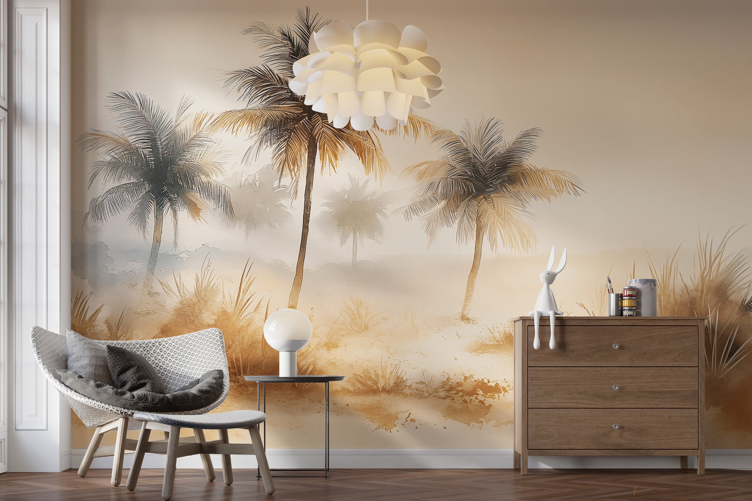 Soft beige desert mural for modern interiors Easy-to-install palm tree desert wall decor