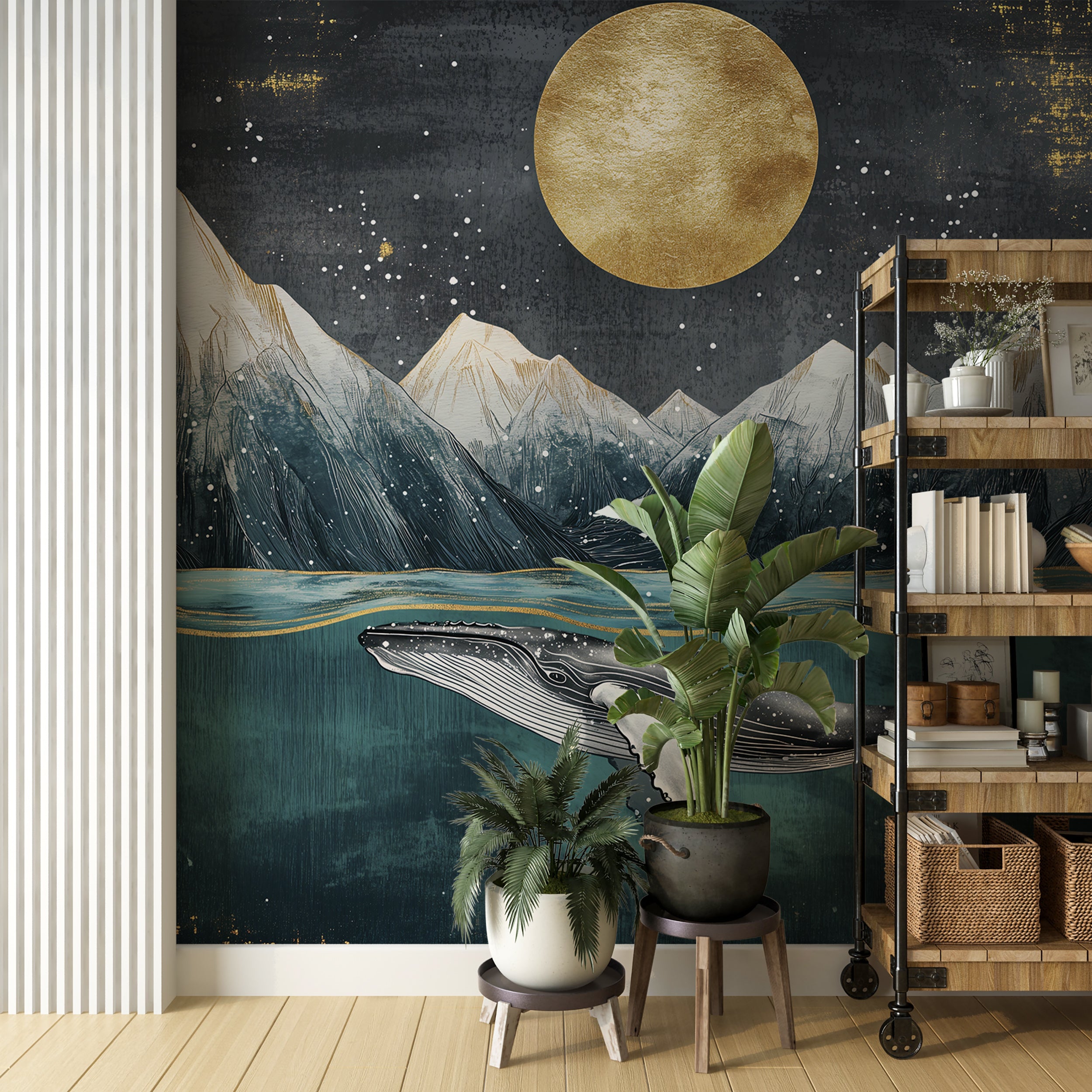 Removable wallpaper with whale and mountain design Artistic whale and sun over mountains wall decor