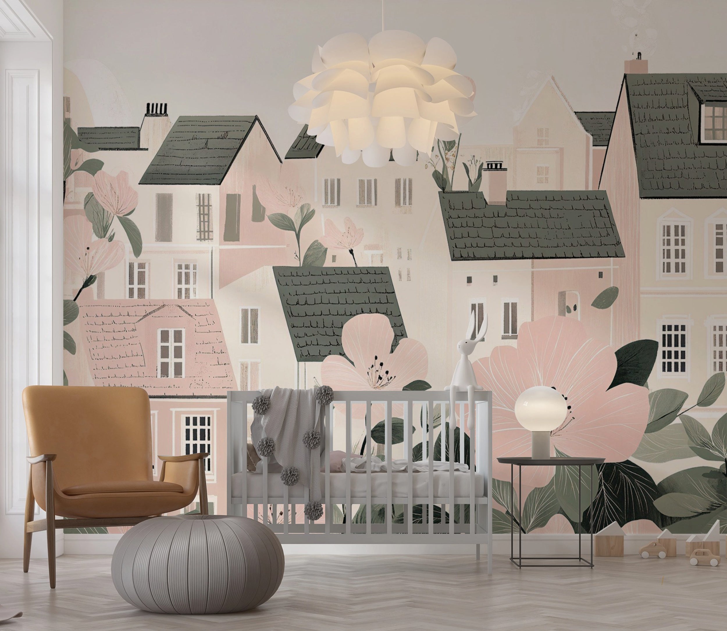 Playful city mural for nursery walls