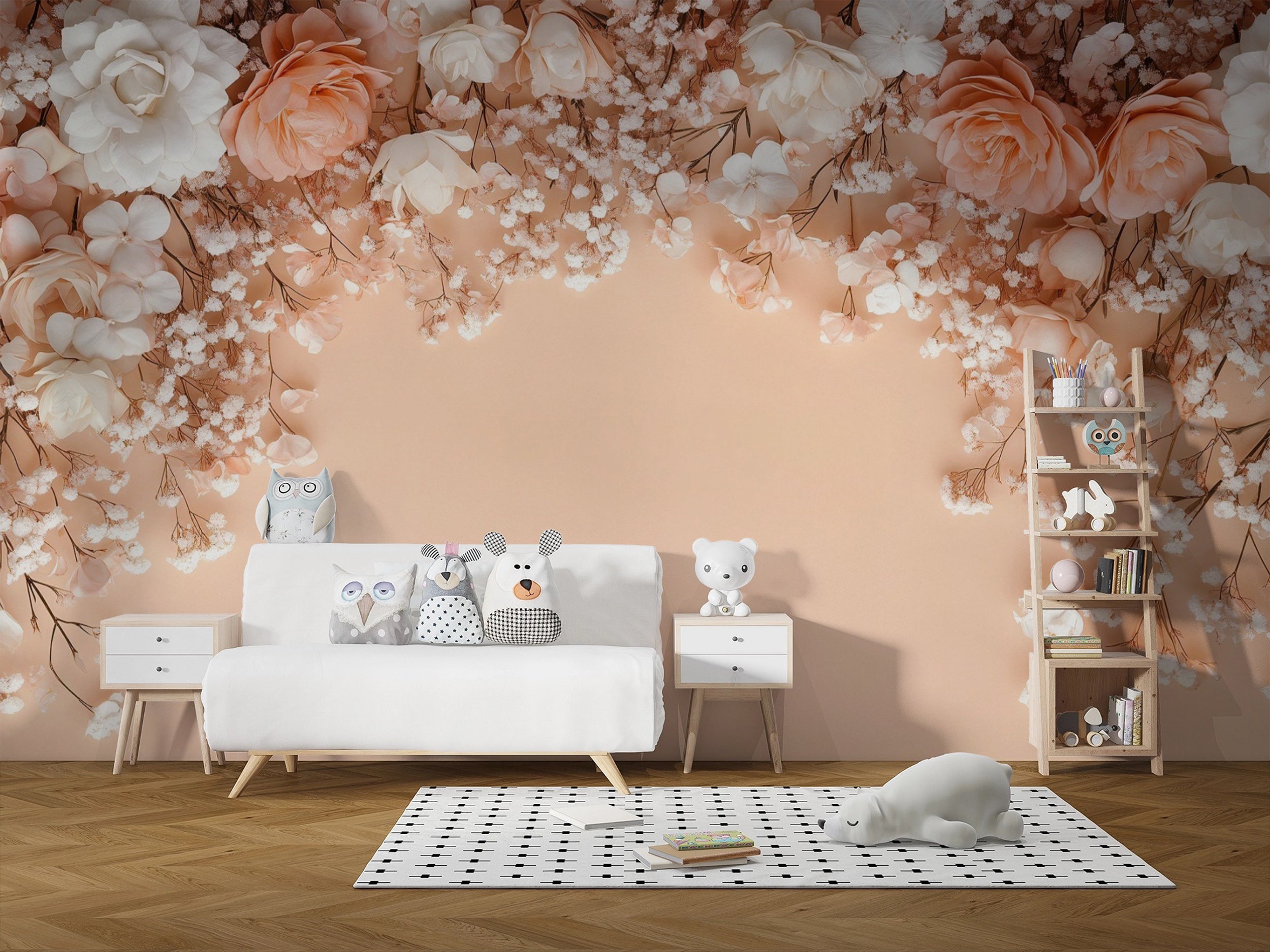 Hanging Flowers on Peach Color Background Wall Mural, Accent Wall White and Pink Floral Wallpaper, Roses and Meadow Flowers Decor