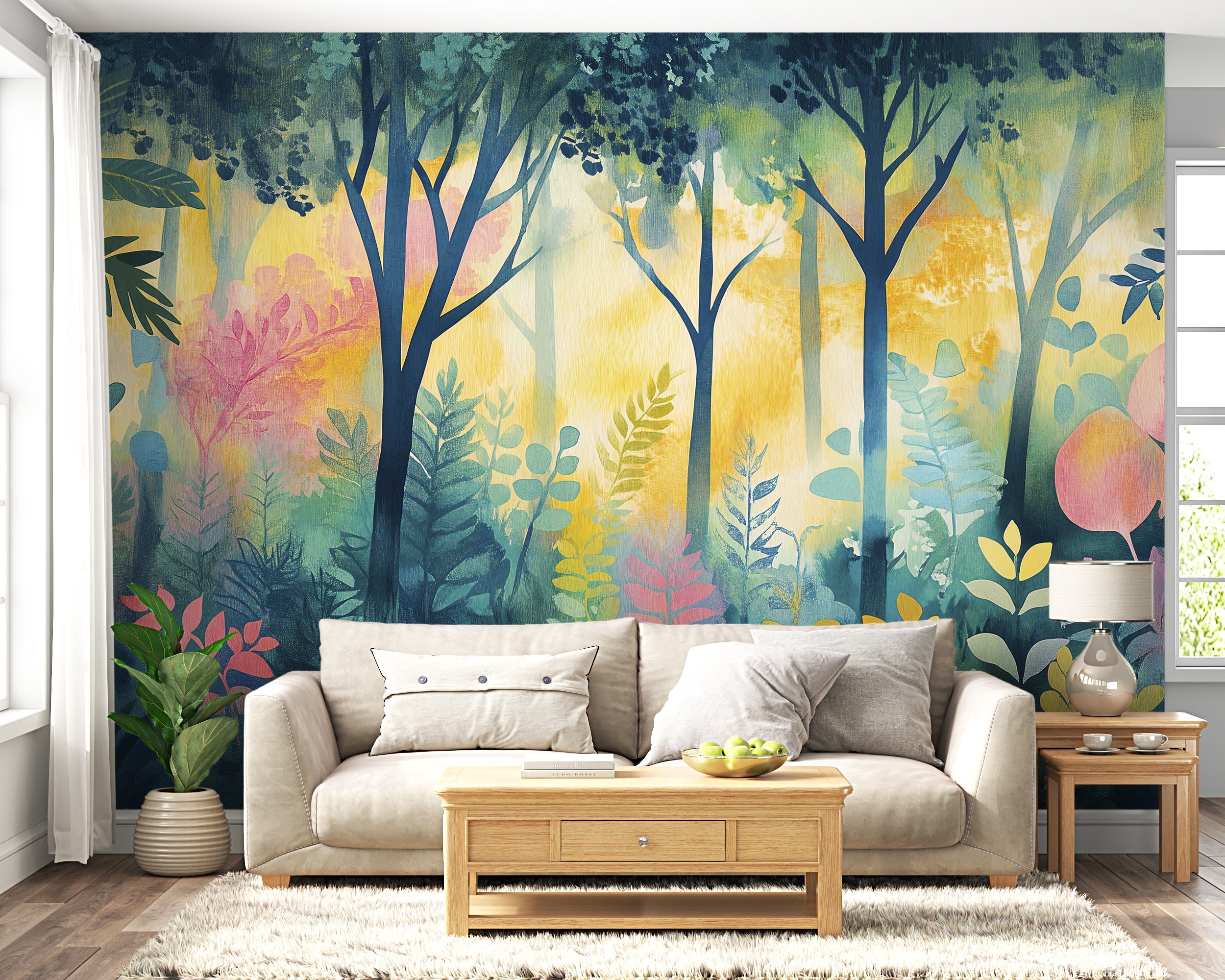 Easy-to-apply colorful forest mural for children's spaces Abstract watercolor forest wallpaper for vibrant interiors