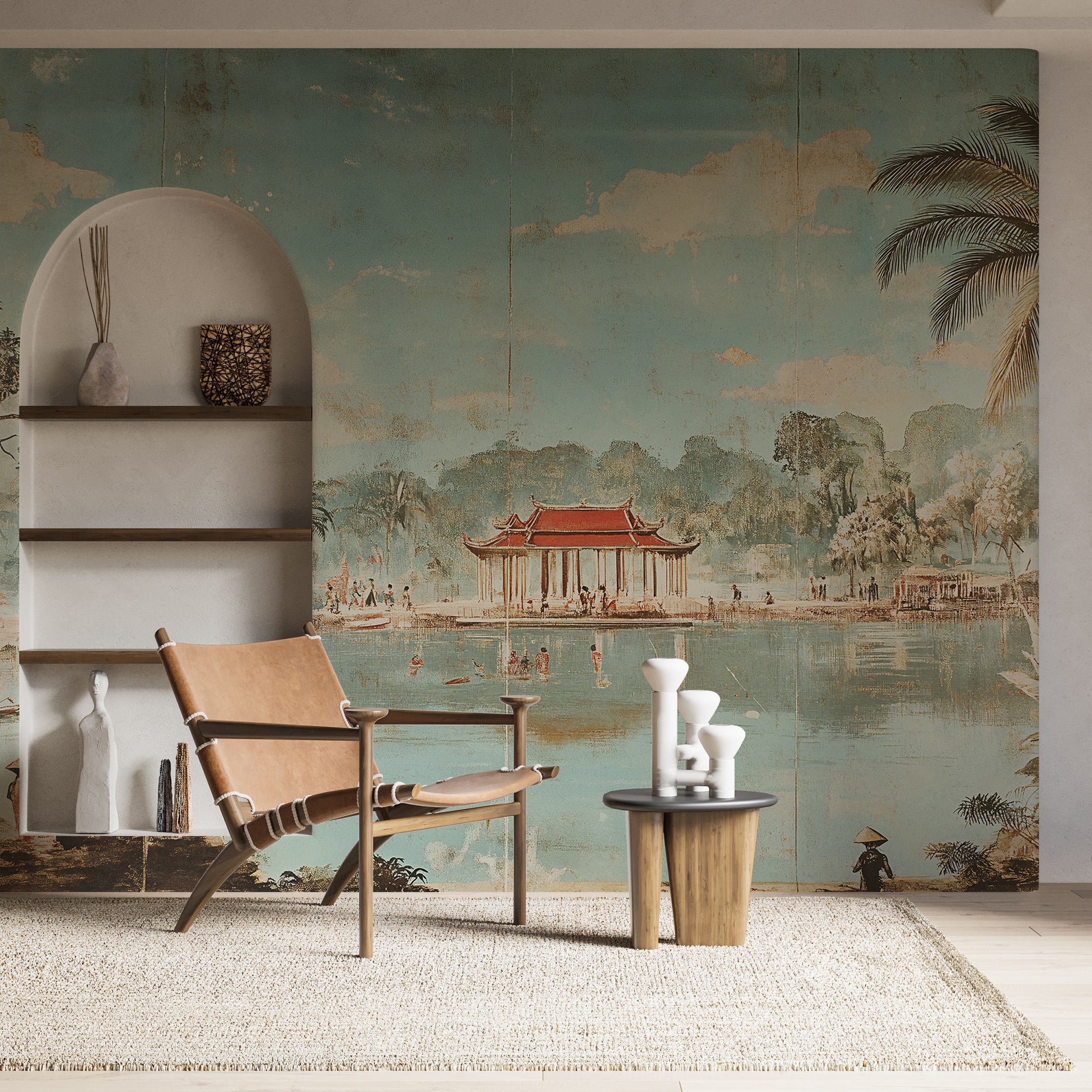 Vintage-inspired peel and stick jungle mural
Scenic tropical wallpaper with village and river