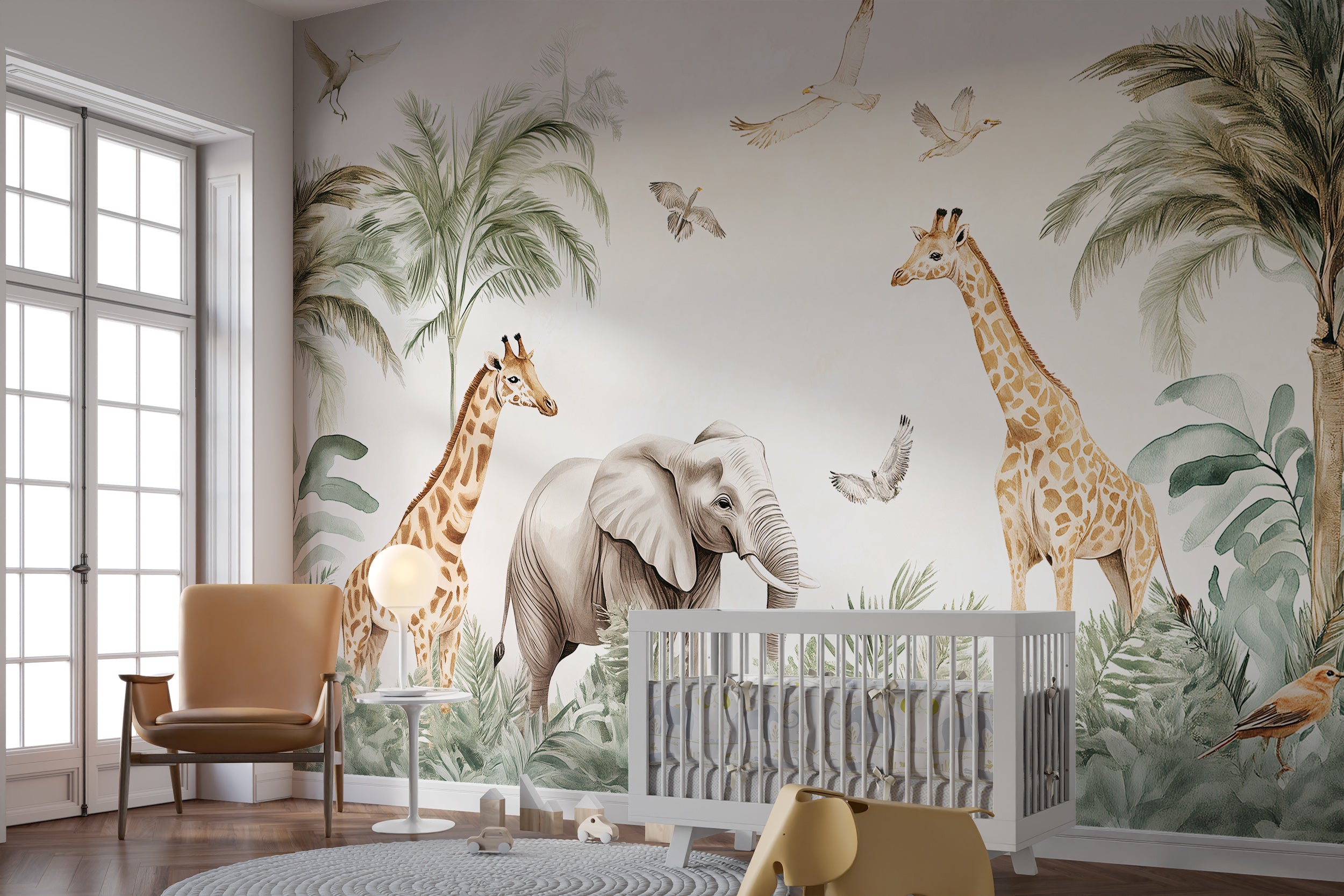 Peel and stick jungle animals wallpaper for kids
Tropical wildlife mural for playroom decor