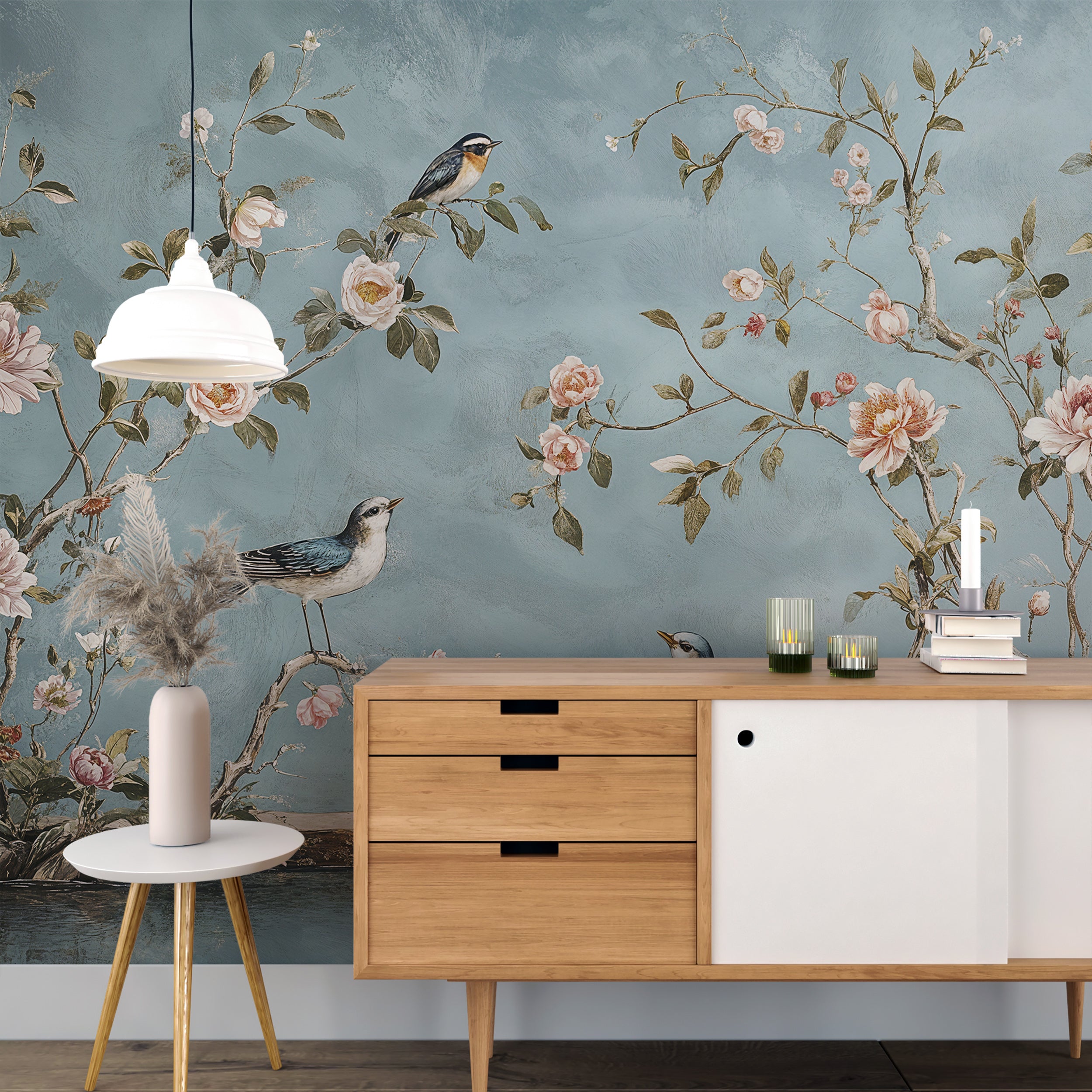 Elegant soft blue floral and bird wallpaper
Timeless botanical Chinoiserie wall art in blue