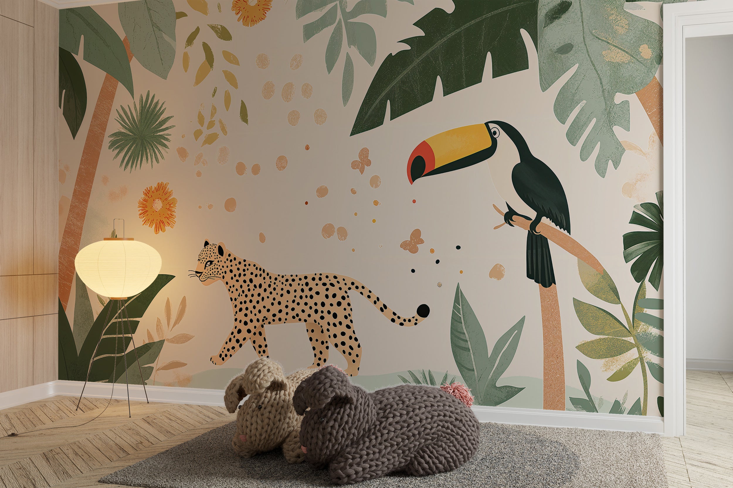 Cheetah and toucan nursery mural with jungle animals
Cartoon-style tropical animals kids room wall art