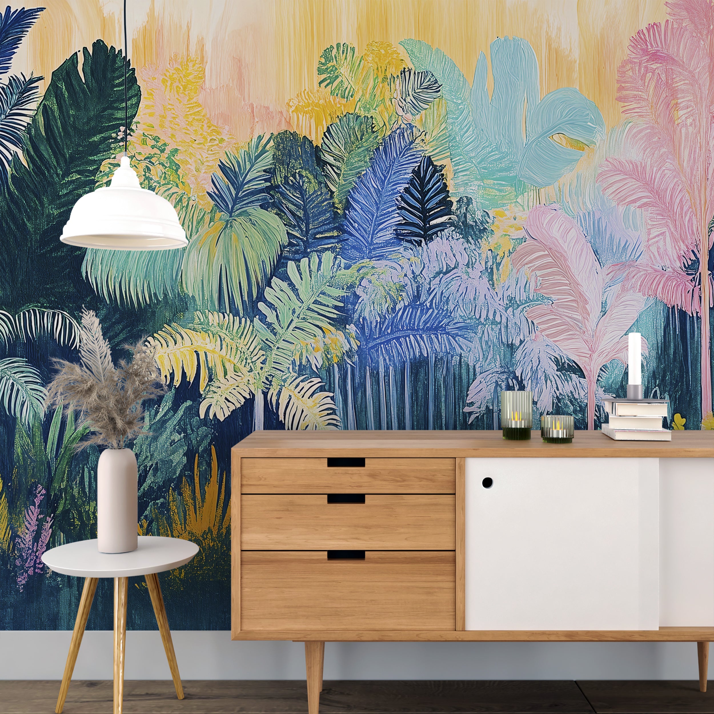 Playful nursery wall decor with colorful forest scene
Easy-to-apply jungle mural for kids' room