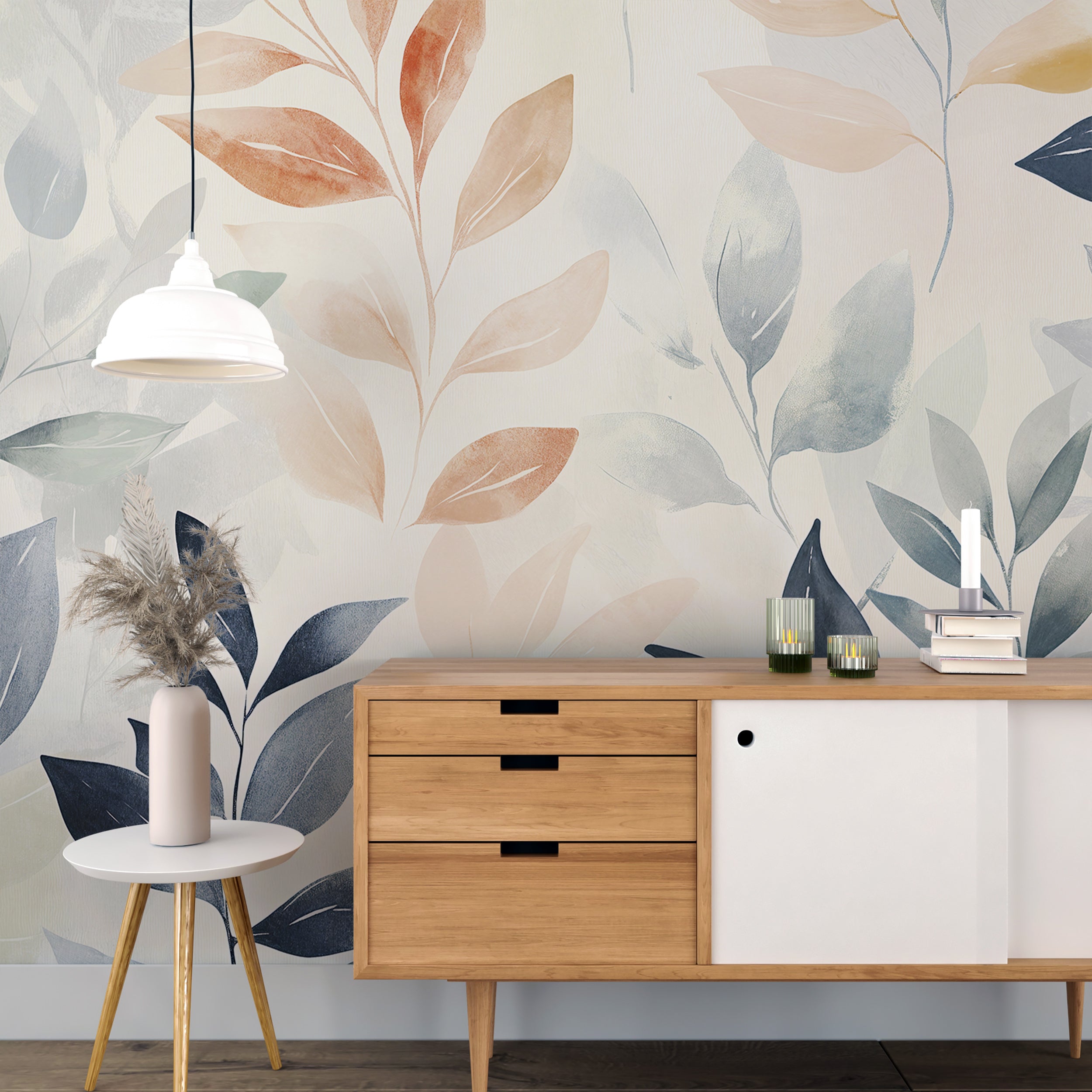 Serene pastel leaf wallpaper for peaceful spaces
Oversized leaf mural with soft colors for modern decor