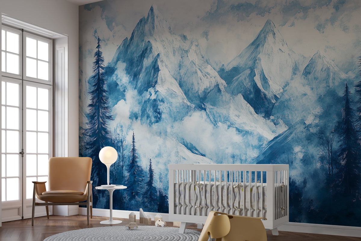Snowy Mountains Mural - Blue Watercolor Forest and Mountain Wallpaper