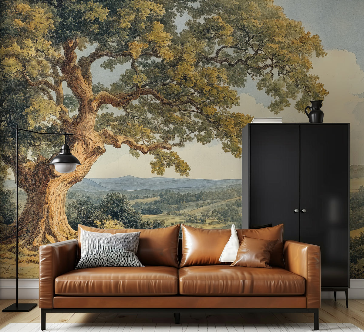 Vintage Scenic Landscape Mural - Large Tree & Field Classic Wallpaper