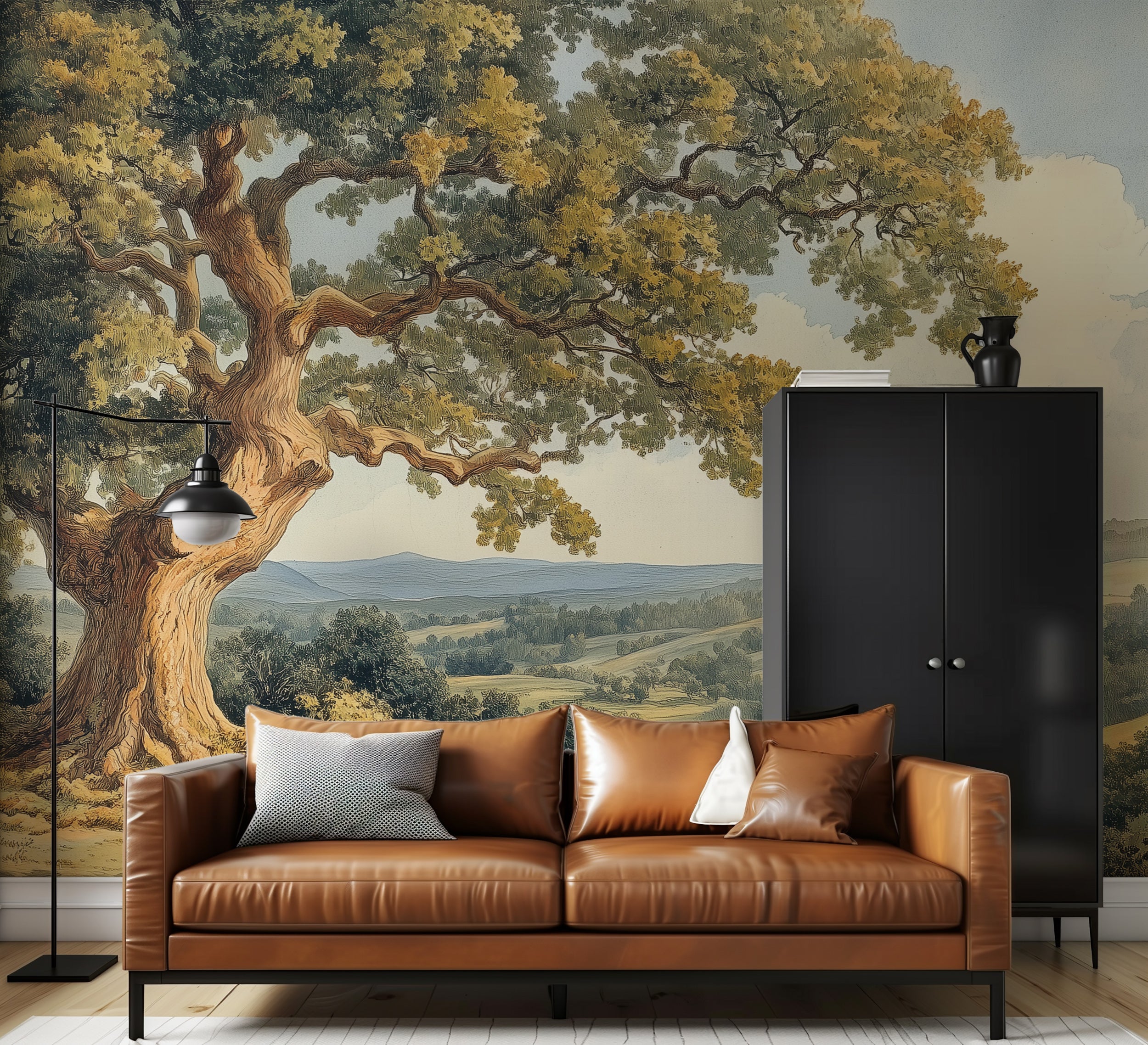 Vintage Scenic Landscape Mural, Large Tree and Field Classic Wallpaper, Removable Peel and Stick Summer Wild Nature Art