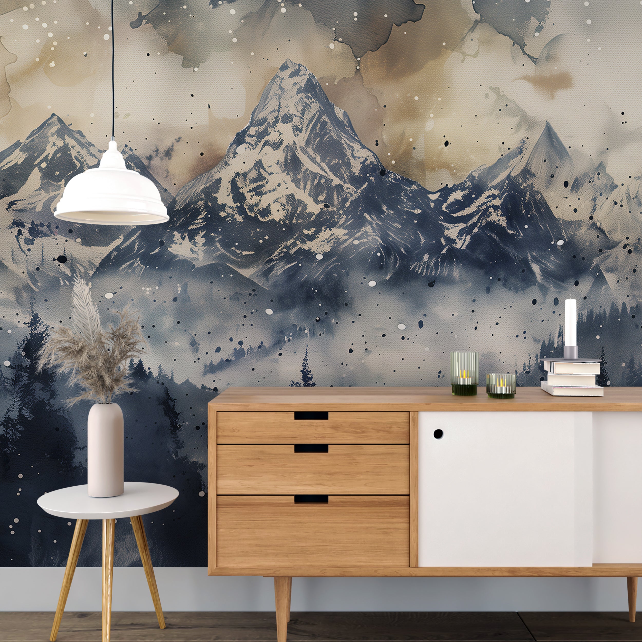 Chic grey and beige watercolor mountain wallpaper for bedrooms
Earth tones accent wall art with mountain landscape