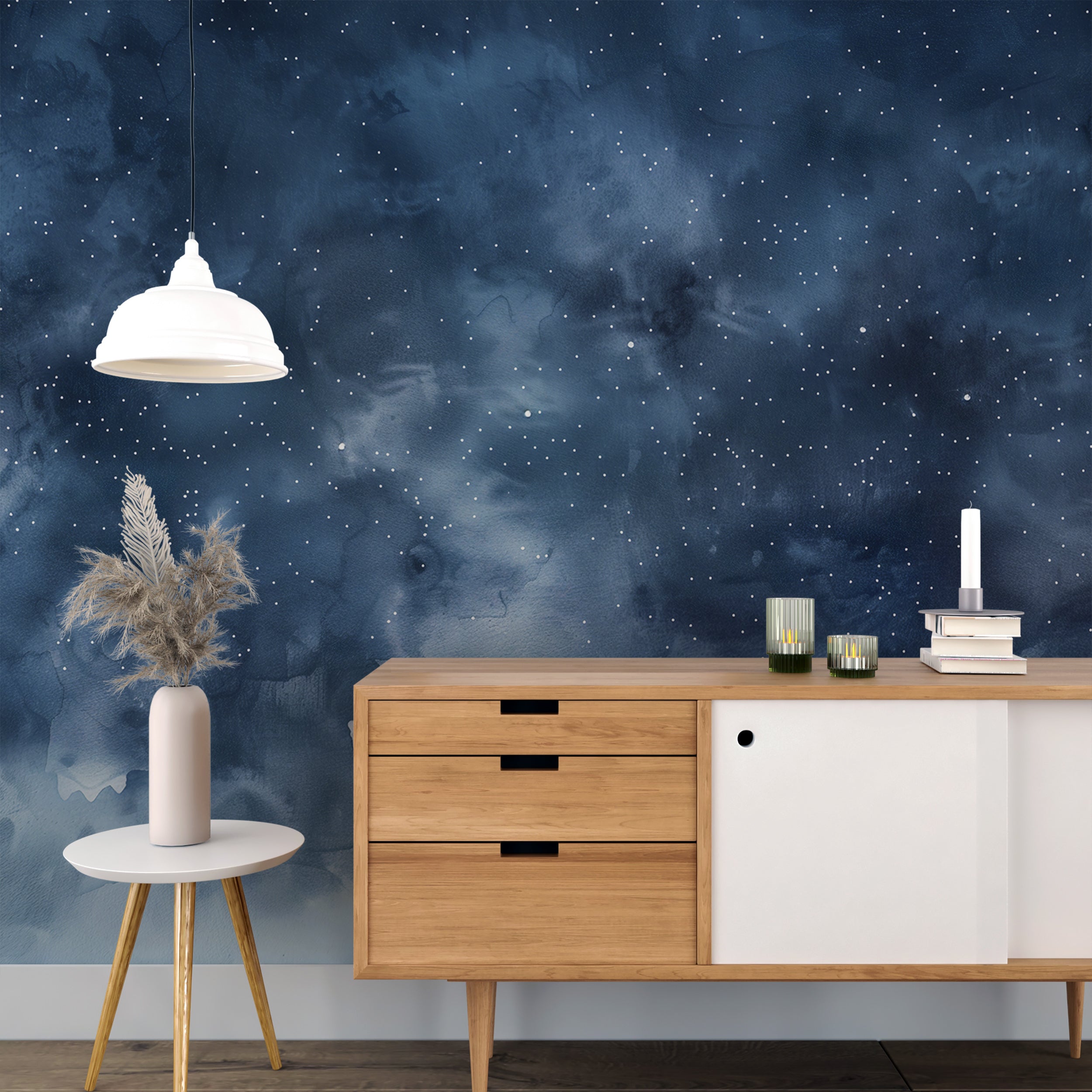 Calming starry sky wallpaper with stars and clouds
Magical starry night wallpaper for nursery accent walls