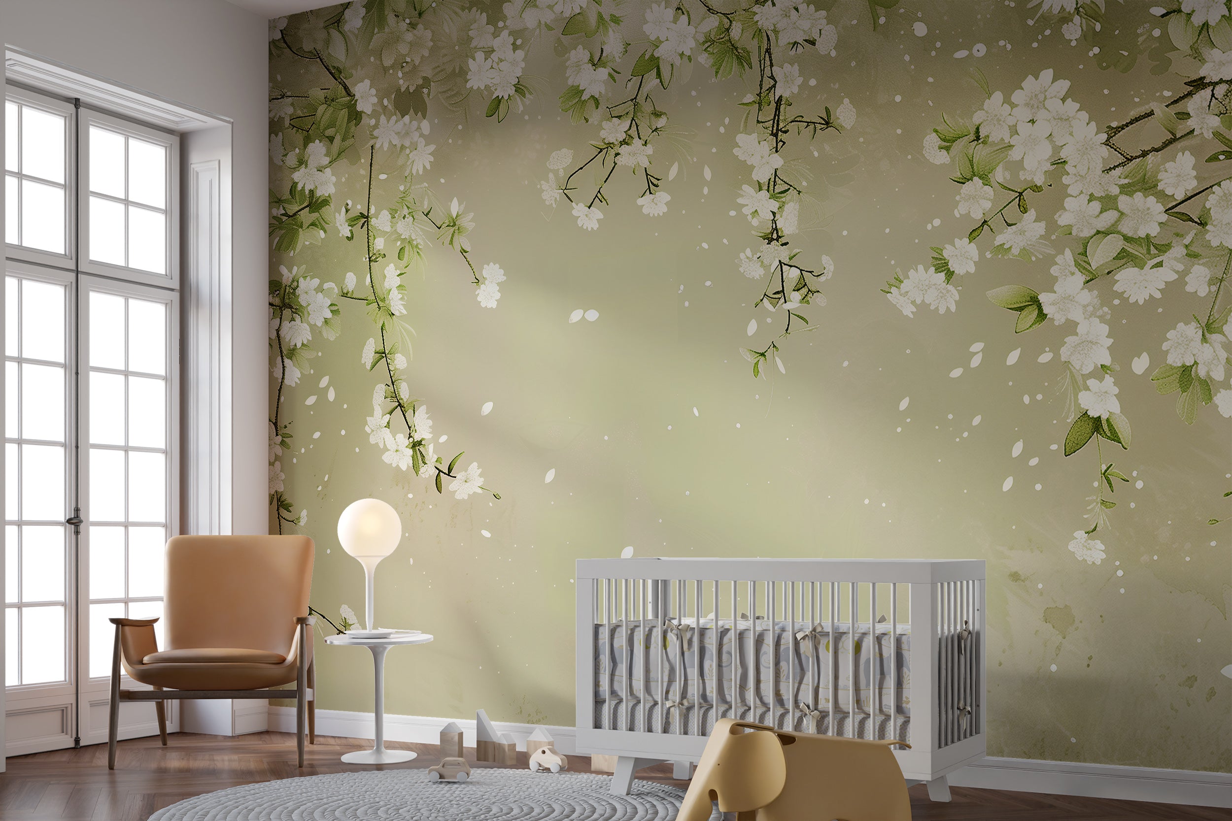 Nature-inspired wall art with white cherry blossoms
Green and white floral mural for a calming atmosphere