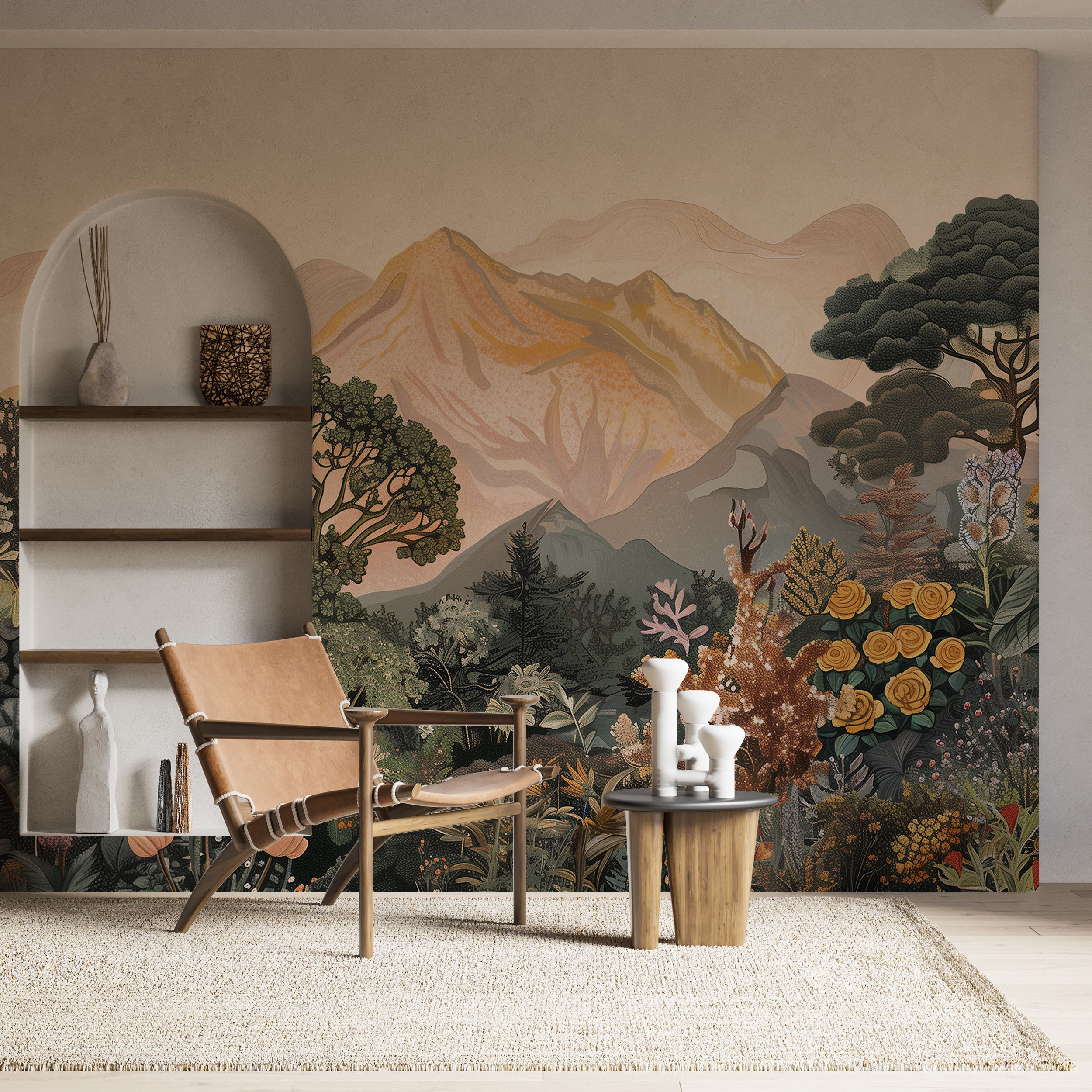 Detailed tropical wallpaper for a refreshing room update
Colorful mountain and forest mural for modern interiors