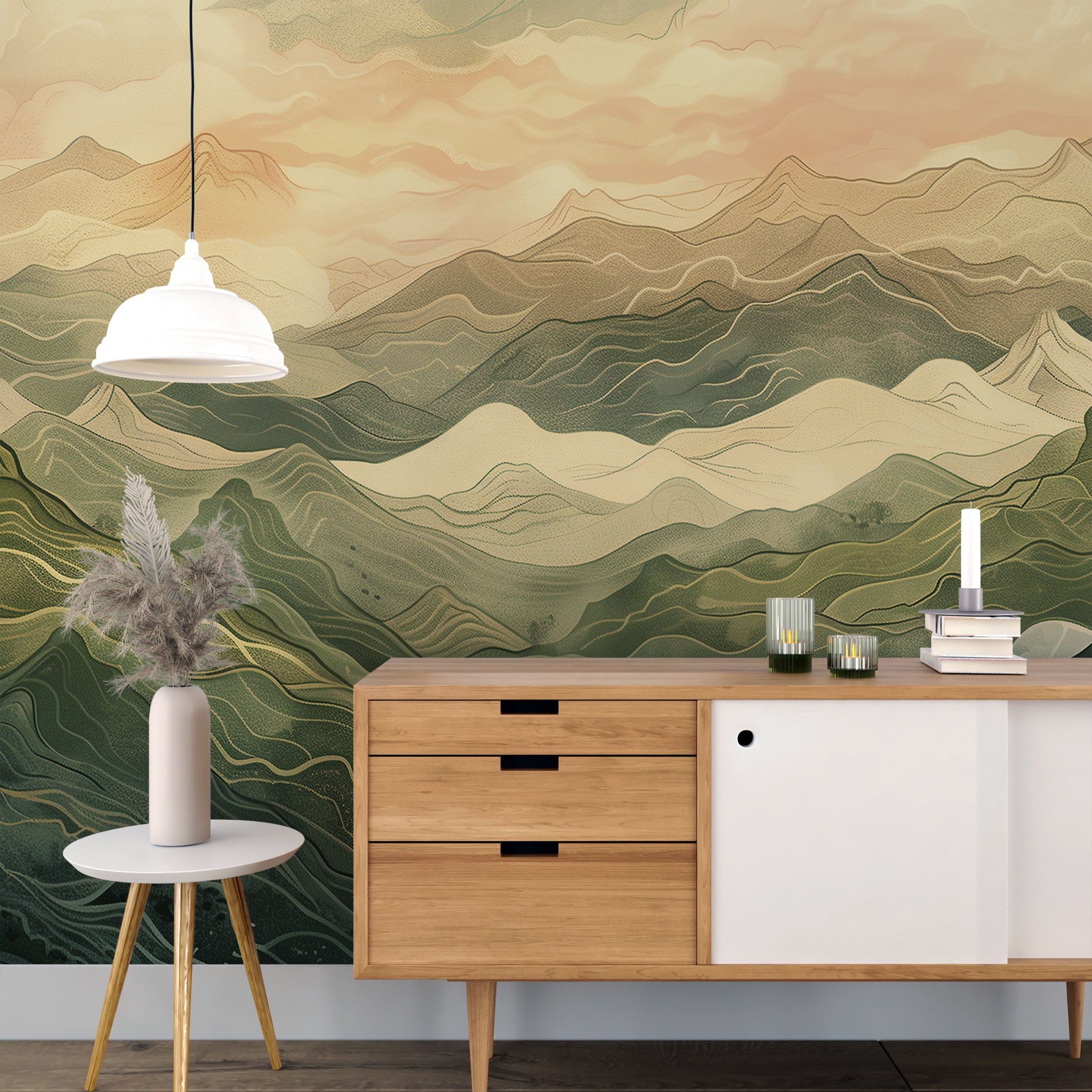 Beige and green landscape wallpaper for contemporary spaces
Artistic mountain mural for enhancing room ambiance