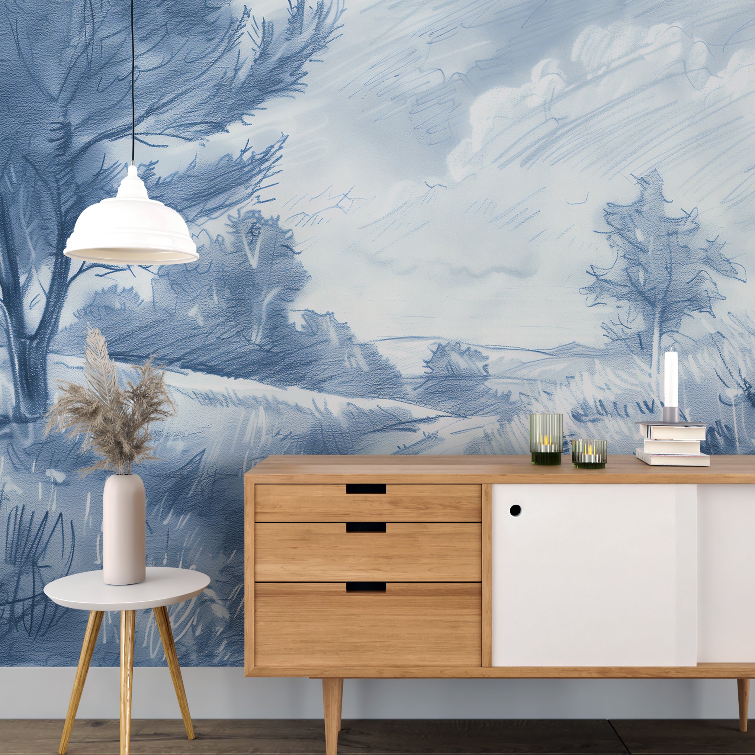 Vintage French countryside wallpaper with road and tree patterns
Blue and white classic French wall mural for traditional decor