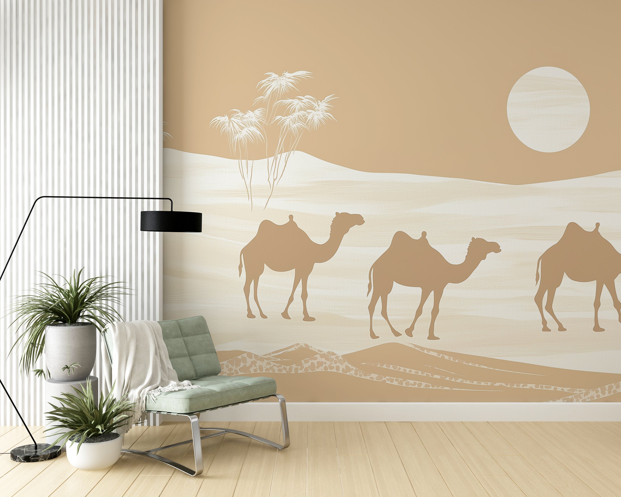 Renter-friendly desert wallpaper with camels and dunes.
Soft beige and white desert mural with camel silhouettes.