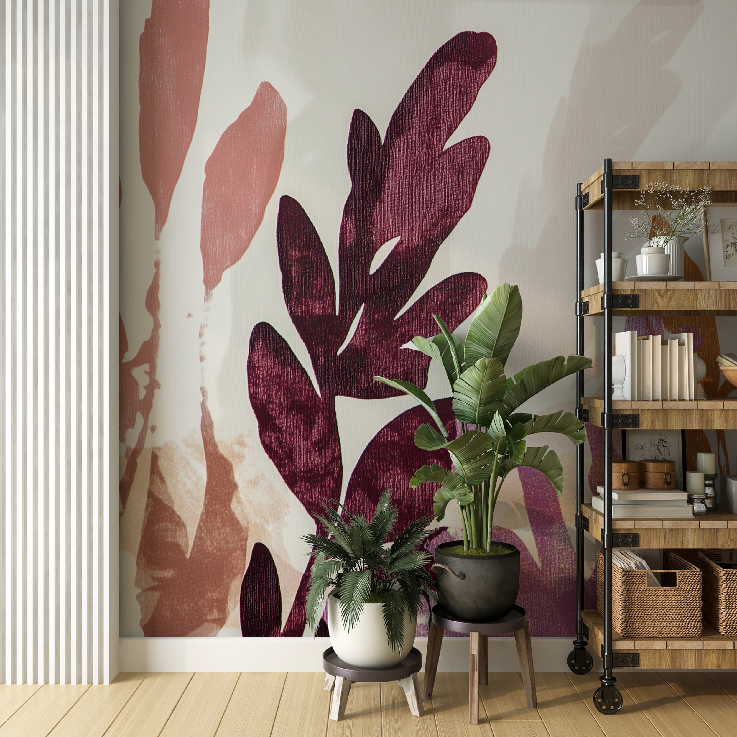 Colorful boho wall mural with abstract botanical leaves.
Scandinavian-inspired large branch peel-and-stick mural.