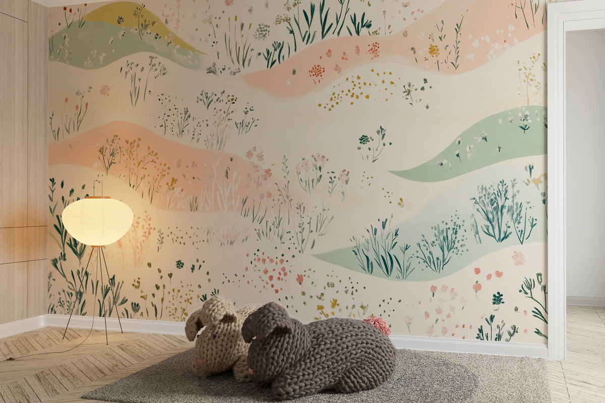 Soft Abstract Flower Field Mural - Nursery Pastel Colors Meadow Mural