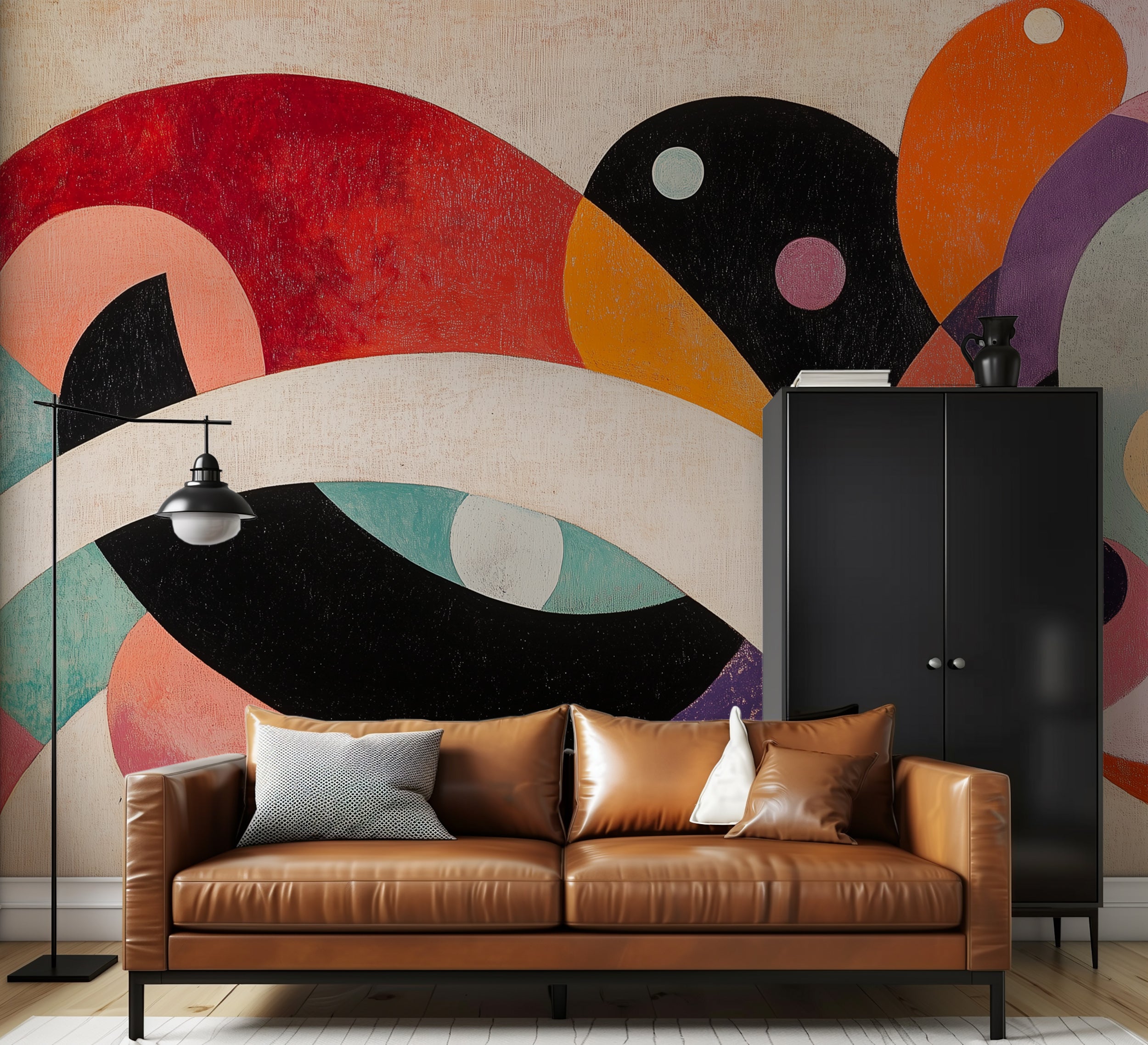 Abstract geometric mural for modern home decor.
Colorful peel-and-stick wall decor with bold shapes.