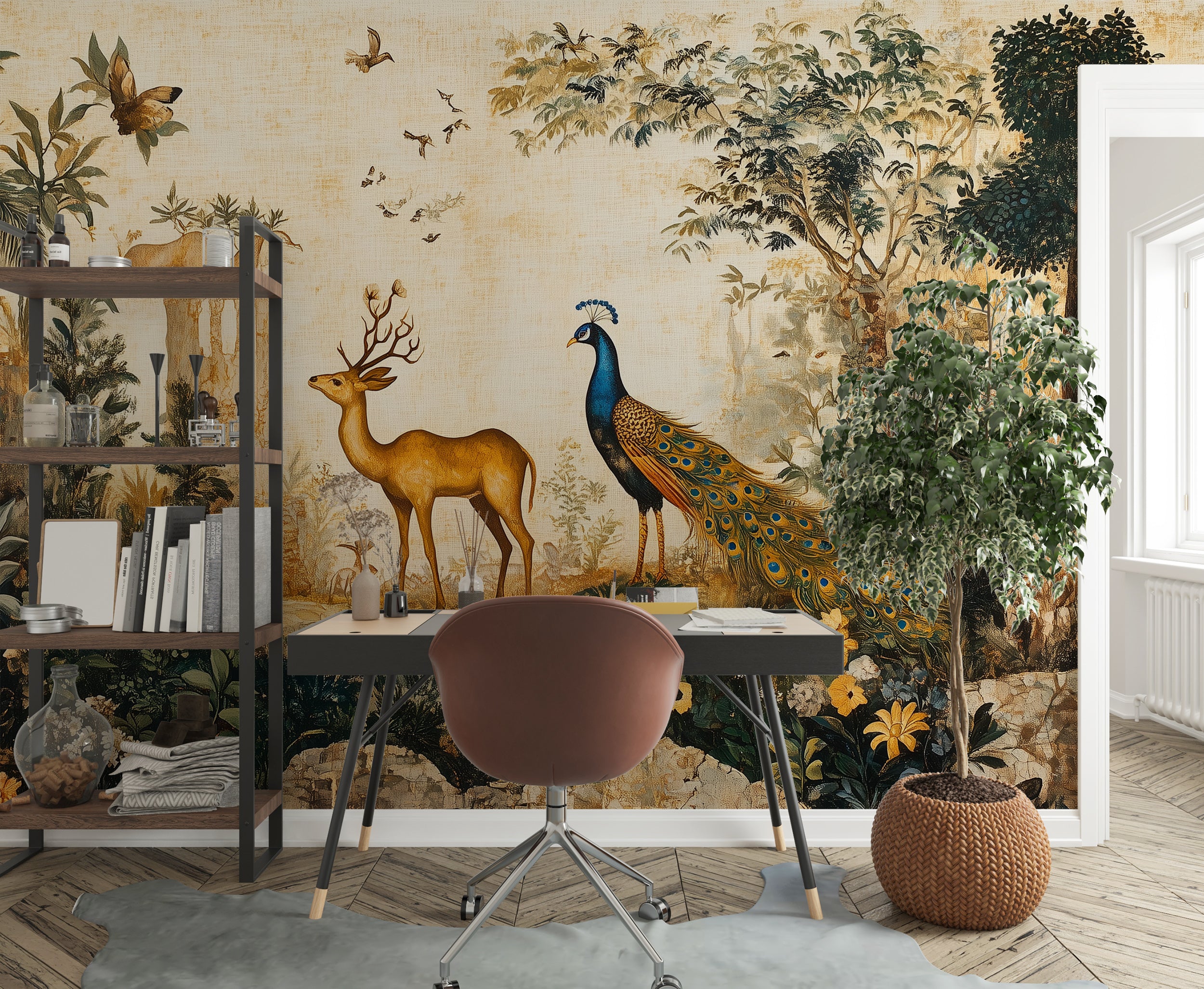 Blossom and wildlife mural for timeless interior decor.
Peel-and-stick Japanese botanical mural with floral patterns.