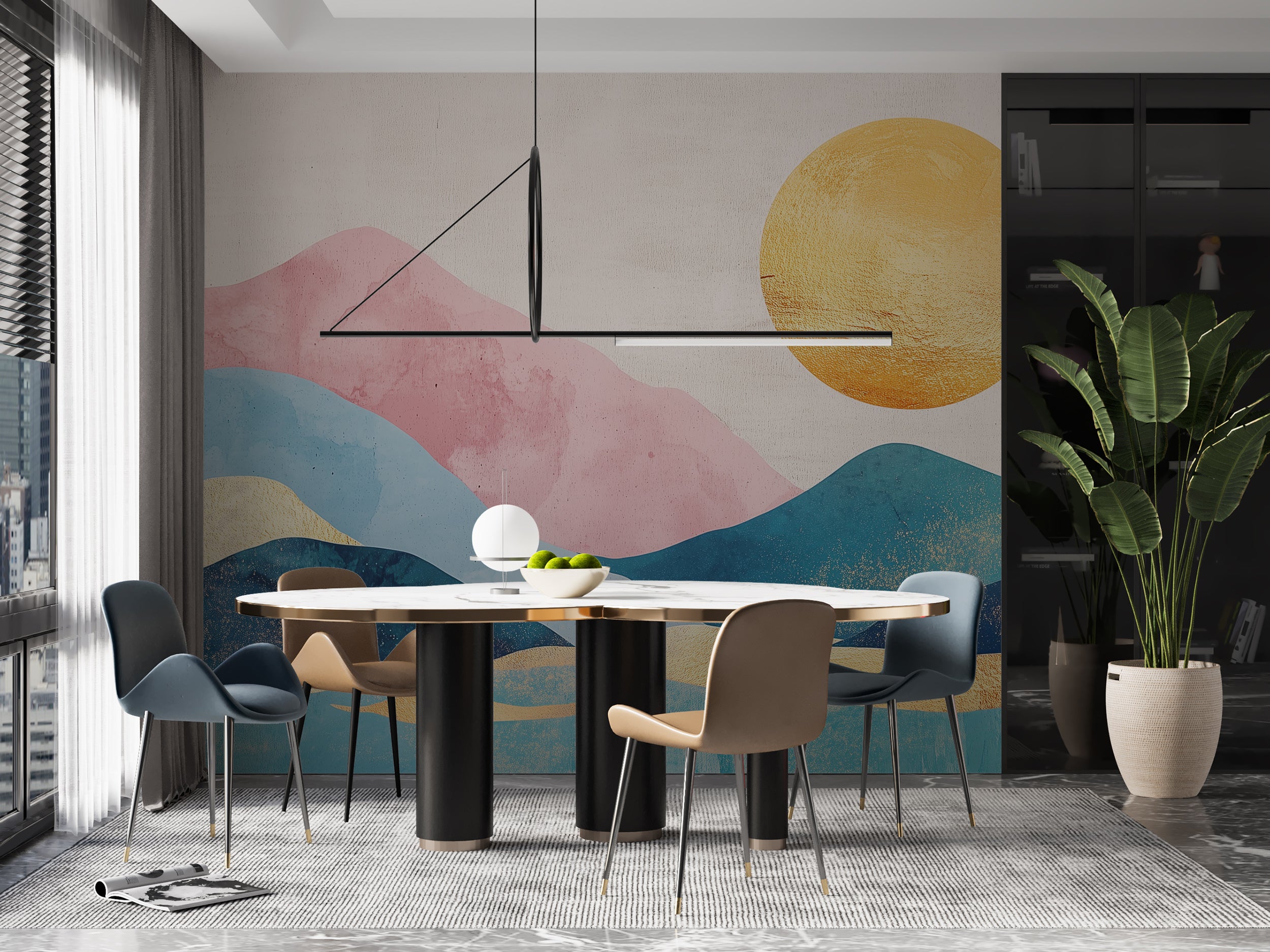 Abstract mountain and sun mural for serene interiors.
Vibrant art-deco wallpaper with pastel landscape design.