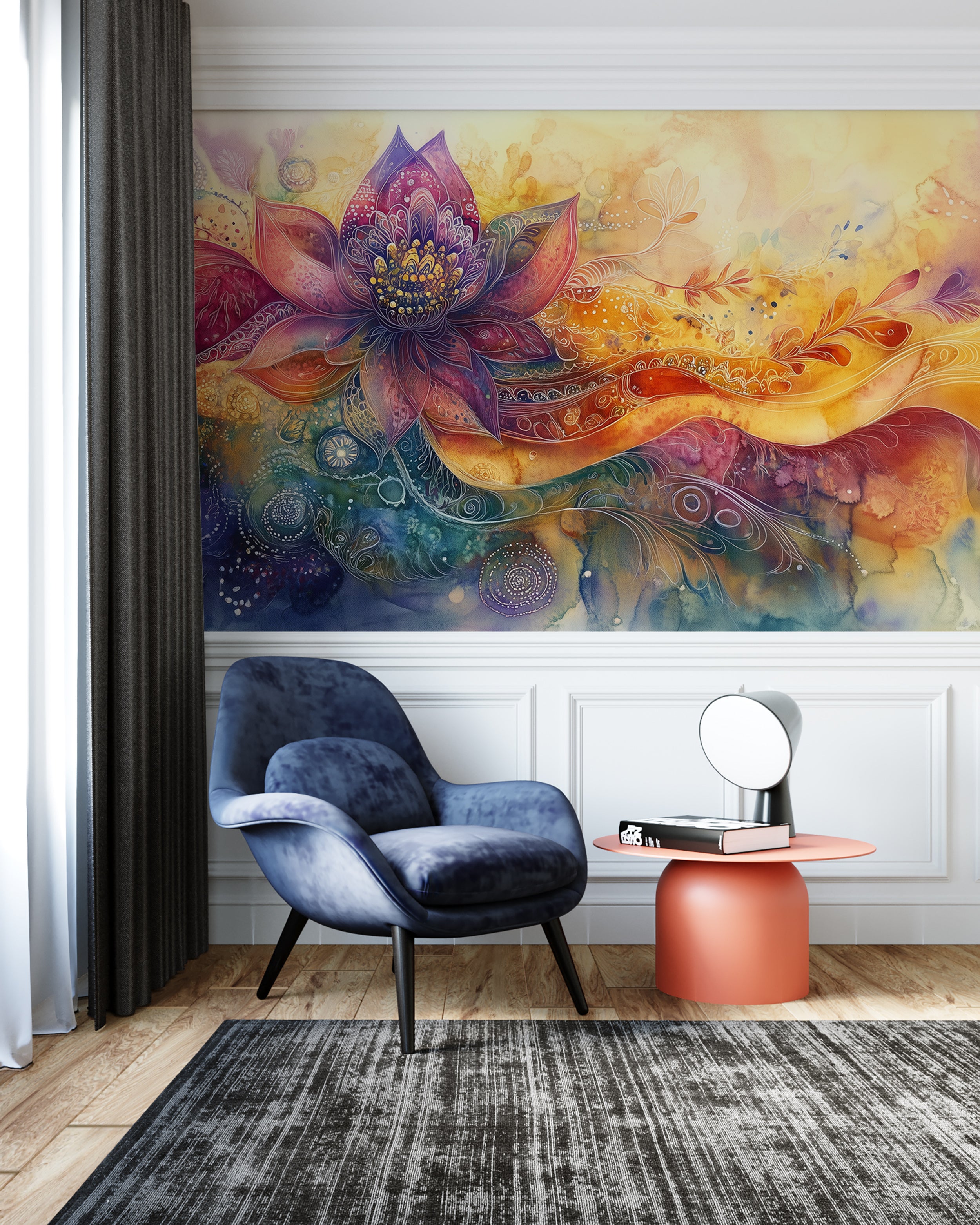 Abstract lotus flower mural in vibrant colors.
Colorful floral wallpaper with modern lotus designs.