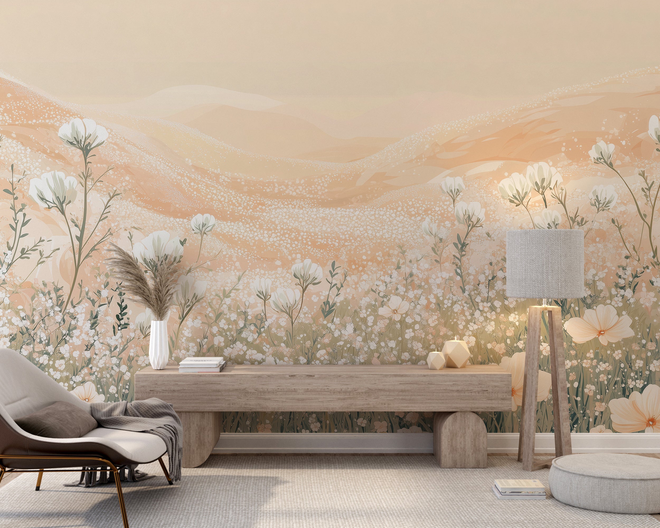 Serene beige nursery mural with botanical accents.
Floral wall art featuring soft beige and white flowers.