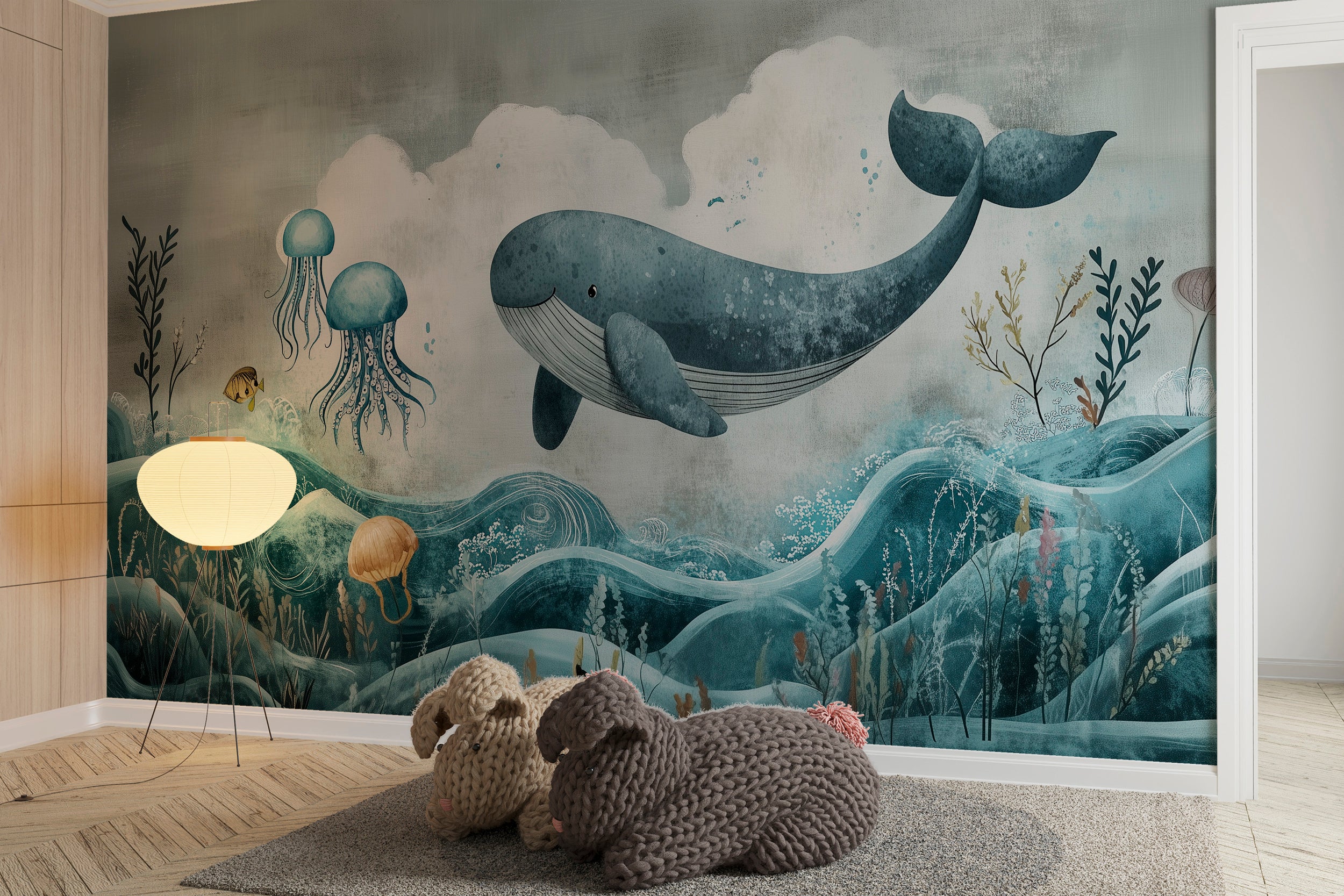 Whale and jellyfish mural for kids’ underwater decor.
Abstract ocean mural with marine life for nurseries.