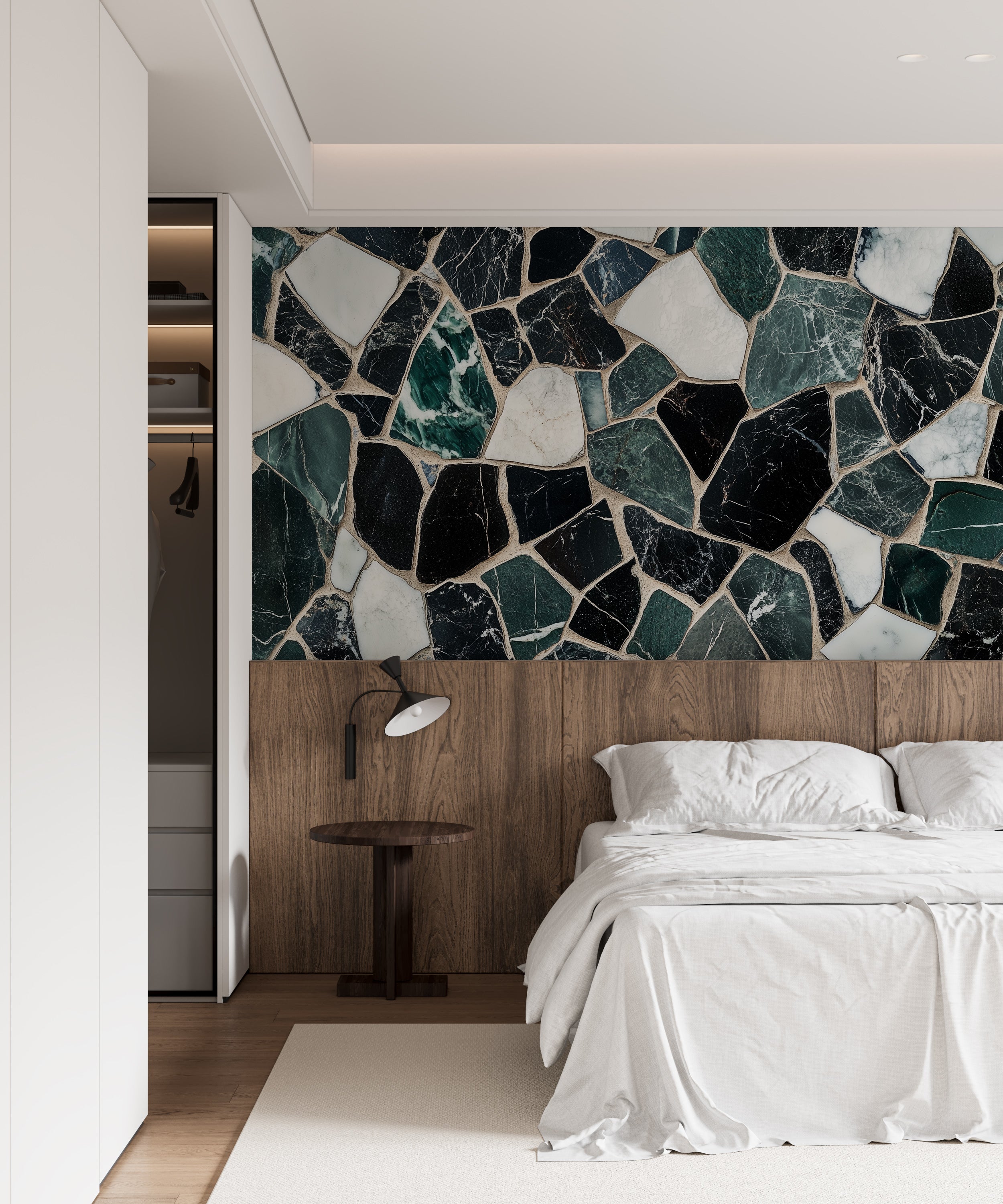 Sophisticated bathroom decor with marble tile wallpaper.
Timeless mosaic mural featuring green marble tiles.