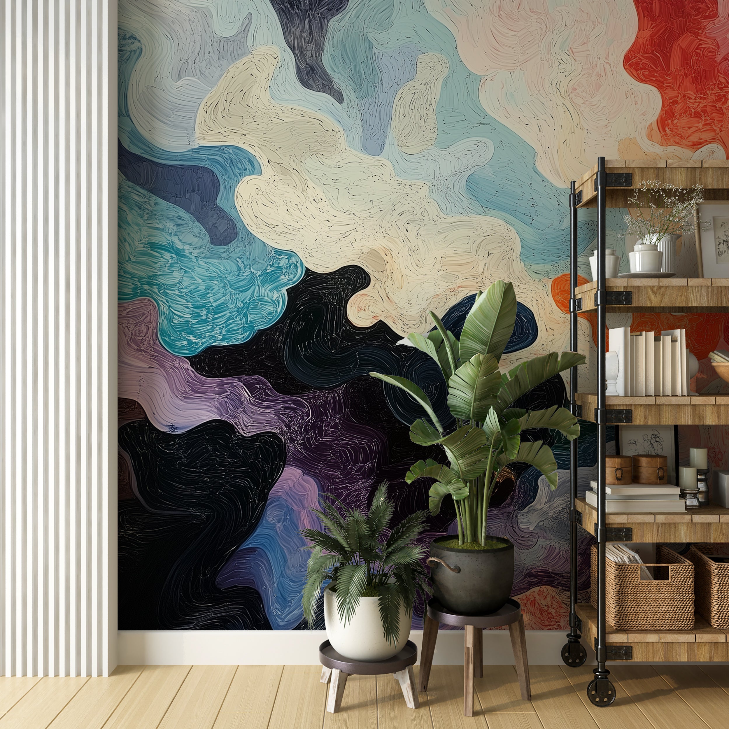 Removable mural with colorful artistic patterns.
Abstract splash wall art for bold interior decor.